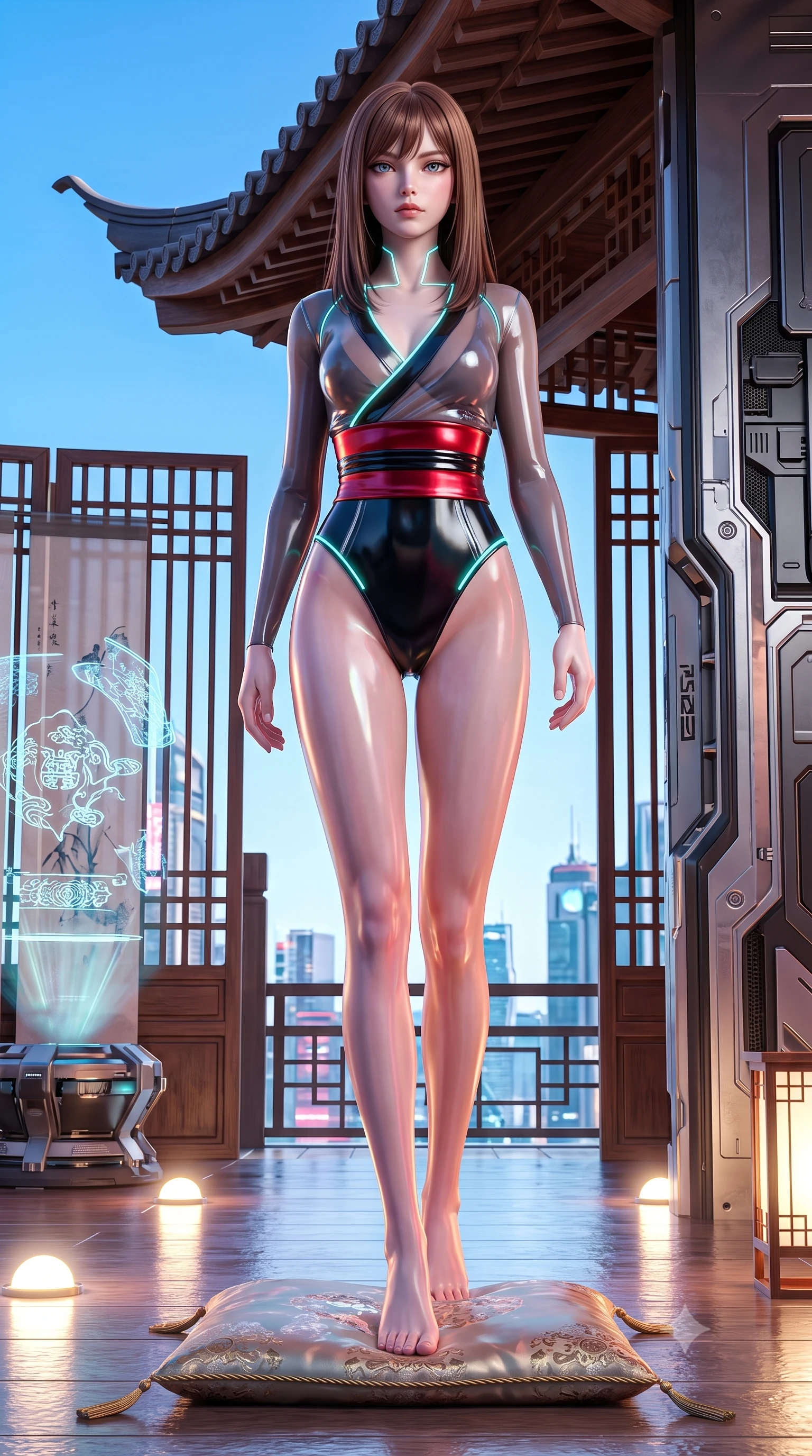 score_9, masterpiece, best quality, ultra-detailed, high-budget anime keyframe, semi-realistic 3D game render, editorial fashion photography, tasteful artistic composition, Korean woman. low angle full-body shot from head to toe showing her feet, filling the entire 9:16 vertical frame with her statuesque presence, stretching her vertical silhouette. striding forward in a proud, statuesque motion with a dangerous smolder, her vertical silhouette dominating the frame from head to toe while resting on a low silk cushion in a cyber-fusion pavilion with an alluring, direct stare. The surrounding environment is rendered in vivid detail and crisp panoramic clarity. fusion of traditional oriental architecture and sleek cyberpunk elements in high resolution. She has an absolutely perfect, statuesque 8.5-heads proportion, an exceptionally tall and slender model-like female figure with impossibly long slender legs and an ultra-slim waist. sharp v-shaped jawline, high-bridge nose, intricate jewel-like eyes with depth, thick eyelashes, glossy lips with a natural sheen, flawlessly proportioned anatomical accuracy, natural body alignment, perfectly sculpted elegant limbs, clean dynamic posture without body distortion. wearing a shortened cyber-fusion wrap top with transparent chiffon panels, a deep crossover neckline, and a high-waisted metallic sash that accentuates her ultra-slim waist in glossy obsidian black and radiant crimson red, crafted from ultra-reflective second-skin latex with a glass-like polish, accented with glowing fiber-optic seams tracing her collarbones and hip curves, the sleek aerodynamic cut emphasizing her magnetic presence and alluring physical grace. illuminated by soft glowing floor uplights and sharp specular highlights on wet lacquer. highly saturated vibrant anime colors, detailed shading with soft gradients, rich glossy textures, high-contrast stereoscopic depth, volumetric dynamic lighting, master piece, 9:16 ratio
