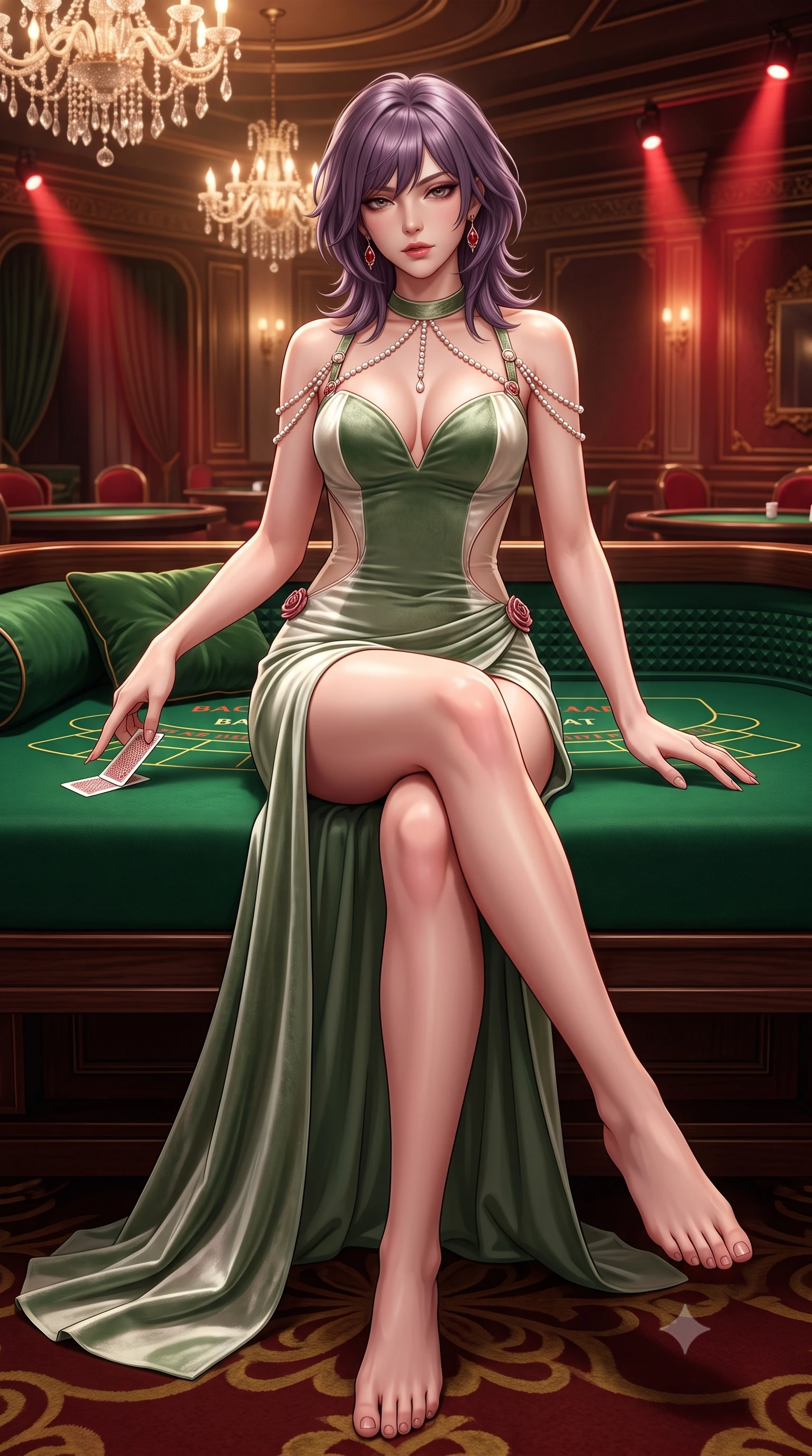 score_9, masterpiece, best quality, ultra-detailed, high-budget anime keyframe, semi-realistic 3D game render, editorial fashion photography, tasteful artistic composition, Japanese woman. low angle full-body shot from head to toe showing her feet, filling the entire 9:16 vertical frame with her statuesque presence, stretching her vertical silhouette. lounging on the lavish daybed with legs crossed and hips angled toward the camera, displaying her toned midriff and long slender limbs with effortless siren poise while sitting at the green baize baccarat table with hips angled back, slowly squeezing a high-value playing card with smoldering bedroom-eyes. The surrounding environment is rendered in vivid detail and crisp panoramic clarity: detailed strappy velvet bustier texture, ruby earring gleam, and imperial casino interior craftsmanship in razor-sharp precision. She has an absolutely perfect, statuesque 8.5-heads proportion, an exceptionally tall and slender model-like female figure with impossibly long slender legs, an ultra-slim waist, a flat toned midriff, narrow delicate ribcage, and beautifully sculpted feminine hips creating a graceful, slim hourglass silhouette without any bulky heaviness. sharp v-shaped jawline, high-bridge nose, sparkling eyes with hypnotic seductive depth, thick curled eyelashes, glossy parted lips with a natural dewy peach sheen, alluring bedroom-eyes with an enchanting coquettish smile, exuding magnetic siren charisma and sophisticated glamour, flawlessly proportioned anatomical accuracy, strict slender model proportions, natural body alignment, perfectly sculpted long slender limbs, ultra-slim waistline, clean dynamic posture without body distortion. wearing a deep sweetheart-neckline velvet bodycon dress with sheer side-torso cutouts accentuating her hourglass curves in botanical sage green and pure pearlescent ivory with rose trims, tailored from fine breathable linen with soft natural texture and elegant drape, finished with a pearl-drop body harness subtly framing her dewy collarbones and spine, the high-slit wrap tailoring accentuating her ultra-slim waistline and the enchanting curve of her feminine hips with alluring seductive charm. bathed in warm 2700K incandescent crystal chandelier radiance mixed with red accent spotlights. highly saturated vibrant anime colors, detailed shading with soft gradients, rich glossy textures, high-contrast stereoscopic depth, volumetric dynamic lighting, master piece, 9:16 ratio
