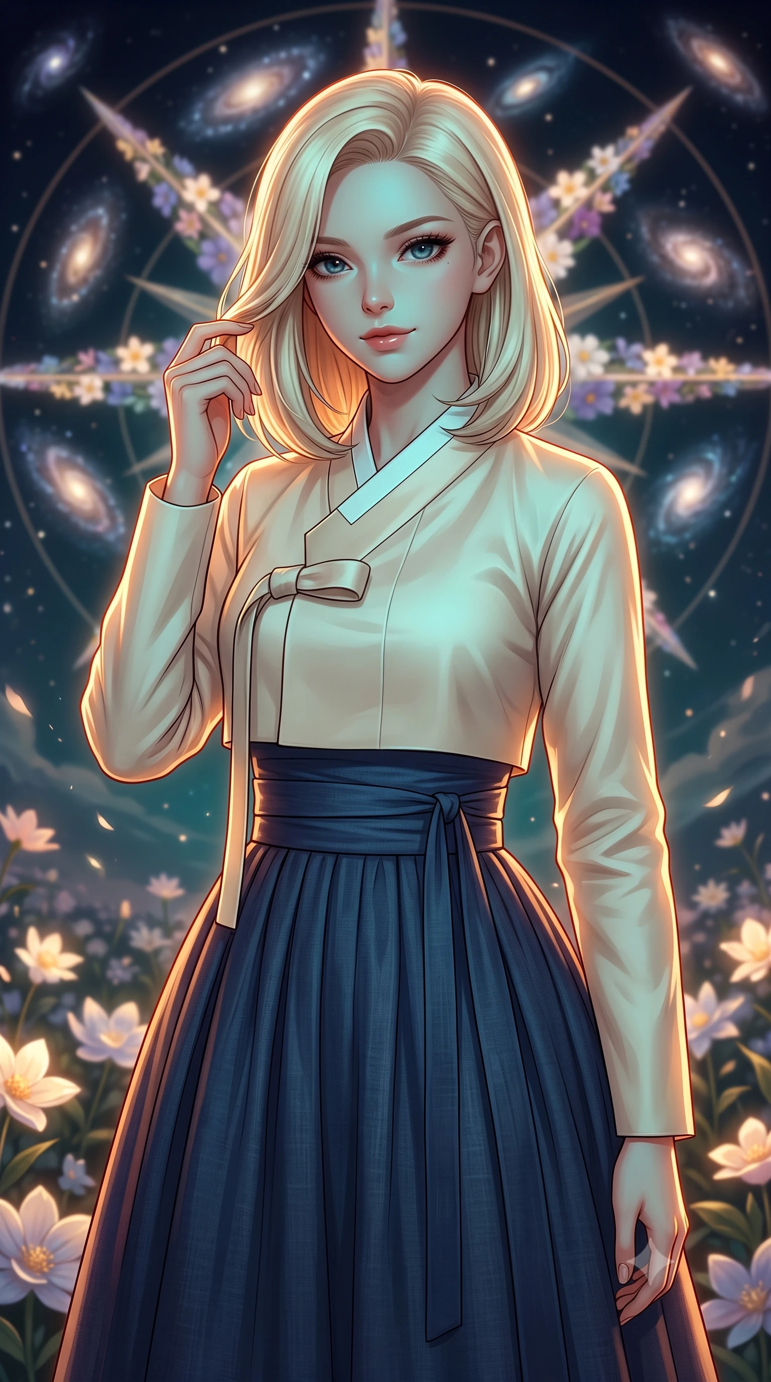 score_9, masterpiece, best quality, ultra-detailed, high-budget anime keyframe, editorial fashion photography, tasteful artistic composition, Caucasian woman, strictly human ears. close-up cowboy shot from the waist and thighs up, the character dominates the composition, filling the frame with her large presence, background elements kept in soft focus. Gently brushing hair from her face with an enigmatic half-smile. set against a soft-focus background of a cosmic garden where luminous flowers are arranged in enormous compass rose patterns each petal-arm pointing toward a different visible galaxy with stellar winds gently swaying the astral blooms. She has an exceptionally elegant and slender, willowy female figure with an ultra-slim waist, a gracefully sculpted slender torso, and a refined slim physique. sharp v-shaped jawline, high-bridge nose, intricate jewel-like eyes with depth, thick eyelashes, glossy lips with a natural sheen. wearing a modern fusion Hanbok featuring a cream silk cropped jeogori over a flowing navy blue linen wrapped skirt. warm amber rim lighting combined with cool teal fill light creating dramatic contrast. 2k, ultra detail, master piece, 9:16 ratio