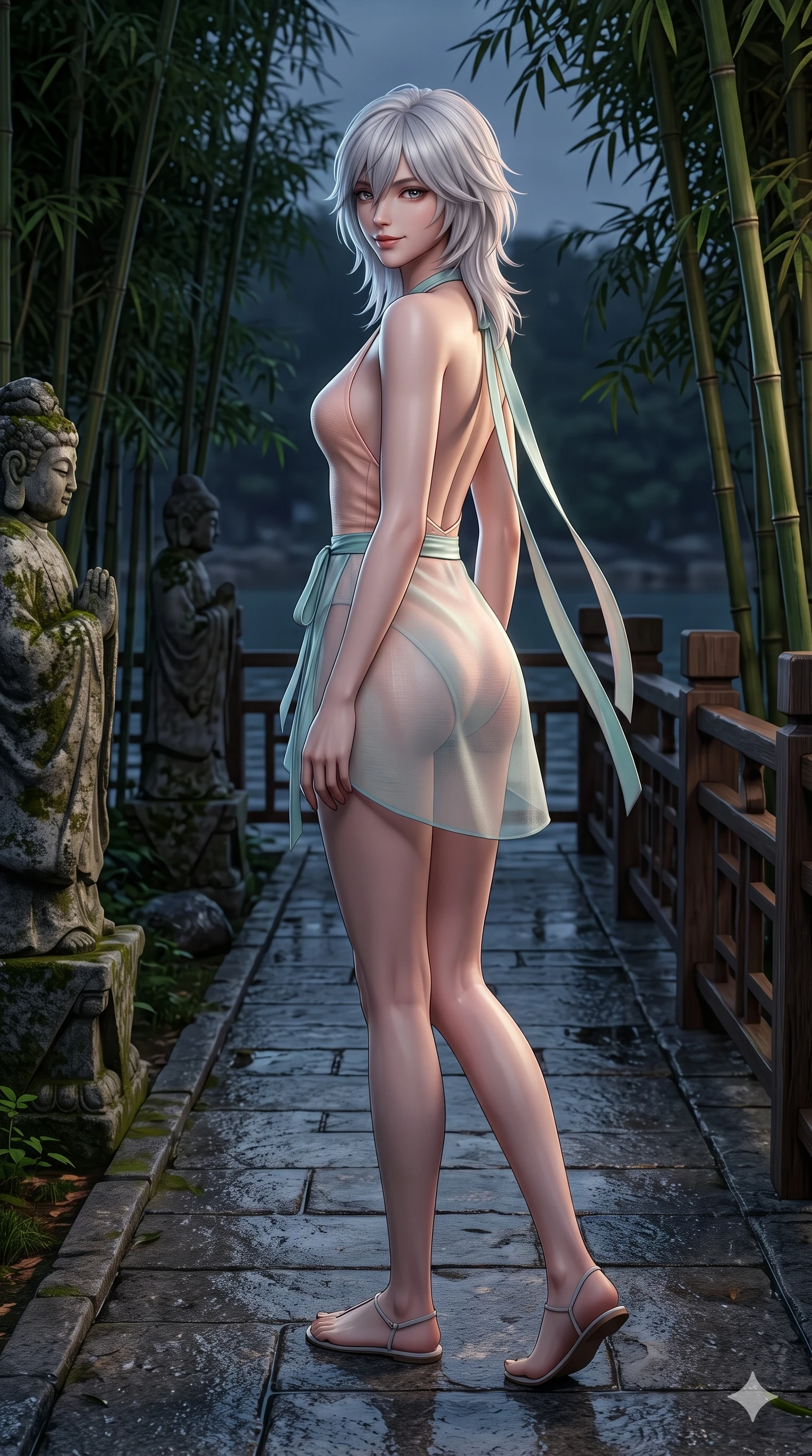 score_9, masterpiece, best quality, ultra-detailed, high-budget anime keyframe, semi-realistic 3D game render, editorial fashion photography, tasteful artistic composition, Japanese woman. low angle full-body shot from head to toe showing her feet, filling the entire 9:16 vertical frame with her statuesque presence, stretching her vertical silhouette. walking along the waterfront terrace with poise, looking back over her bare shoulder with an irresistible smoldering bedroom-gaze while stepping forward along the stone path with hypnotic grace, hips swaying in an alluring sensual rhythm that accentuates her curvy silhouette. The surrounding environment is rendered in vivid detail and crisp panoramic clarity: sharp bamboo node rings, moss lichen on carved stone statues, and wet granite path paving in deep focus. She has an absolutely perfect, statuesque 8.5-heads proportion, an exceptionally tall and slender model-like female figure with impossibly long slender legs, an ultra-slim waist, a flat toned midriff, narrow delicate ribcage, and beautifully sculpted feminine hips creating a graceful, slim hourglass silhouette without any bulky heaviness. sharp v-shaped jawline, high-bridge nose, sparkling eyes with hypnotic seductive depth, thick curled eyelashes, glossy parted lips with a natural dewy peach sheen, alluring bedroom-eyes with an enchanting coquettish smile, exuding magnetic siren charisma and sophisticated glamour, flawlessly proportioned anatomical accuracy, strict slender model proportions, natural body alignment, perfectly sculpted long slender limbs, ultra-slim waistline, clean dynamic posture without body distortion. wearing a liquid-tight backless silk halter leotard styled with a sheer wrap overskirt revealing her hip curve in pastel peach blossom and celadon porcelain blue, woven from bespoke Korean ramie fabric with crisp tactile slub texture, finished with long silk ribbon ties fluttering down her bare spine from a backless halter, the form-contouring silhouette accentuating her sculpted flat midriff, narrow delicate ribcage, and gracefully curvy hips with intoxicating allure. illuminated by ground stone bounce and sharp silver-jade rim lights sculpting her razor-sharp jawline, narrow waist, and curvy hips. highly saturated vibrant anime colors, detailed shading with soft gradients, rich glossy textures, high-contrast stereoscopic depth, volumetric dynamic lighting, master piece, 9:16 ratio