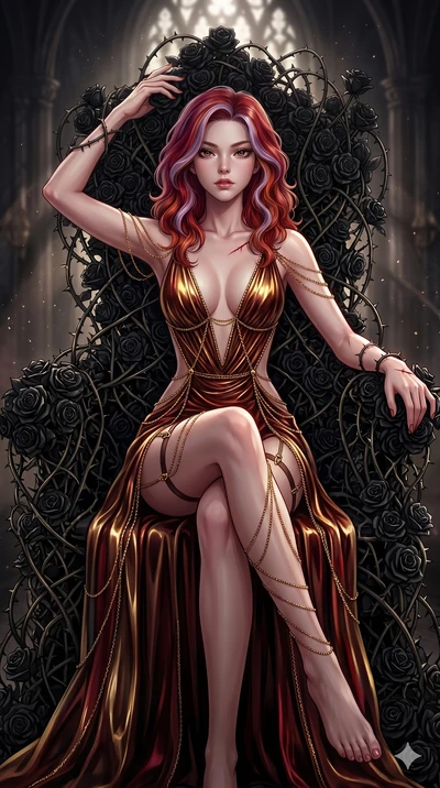 score_9, masterpiece, best quality, ultra-detailed, High-budget Anime Keyframe, East Asian woman. Dynamic full-body shot stretching the vertical silhouette to the limit. Scenario 80: Resting on a throne of black roses, thorns grazing her skin. Her pr