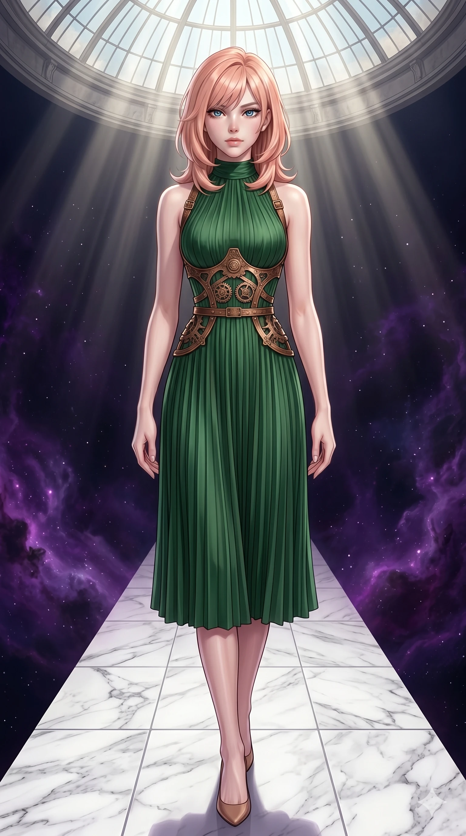 score_9, masterpiece, best quality, ultra-detailed, high-budget anime keyframe, editorial fashion photography, tasteful artistic composition, Japanese woman. cowboy shot from the thighs up, character and outfit filling the frame for maximum editorial presence. Gazing past the camera with an air of effortless superiority on a pathway of white marble tiles floating in a dark void of purple nebula gas. She has an absolutely perfect 8-heads proportion, an exceptionally tall and slender female figure with impossibly long slender legs and an ultra-slim waist. V-shaped jawline, high-bridge nose, intricate jewel-like eyes with depth, thick eyelashes, glossy lips with a natural sheen. wearing a sculpted bronze harness with gear-inspired details worn over a structured high-neck midi dress in forest green pleated silk. drenched in cinematic god-ray sunlight descending from a vaulted glass ceiling, illuminating her form. 2k, ultra detail, master piece, 9:16 ratio
