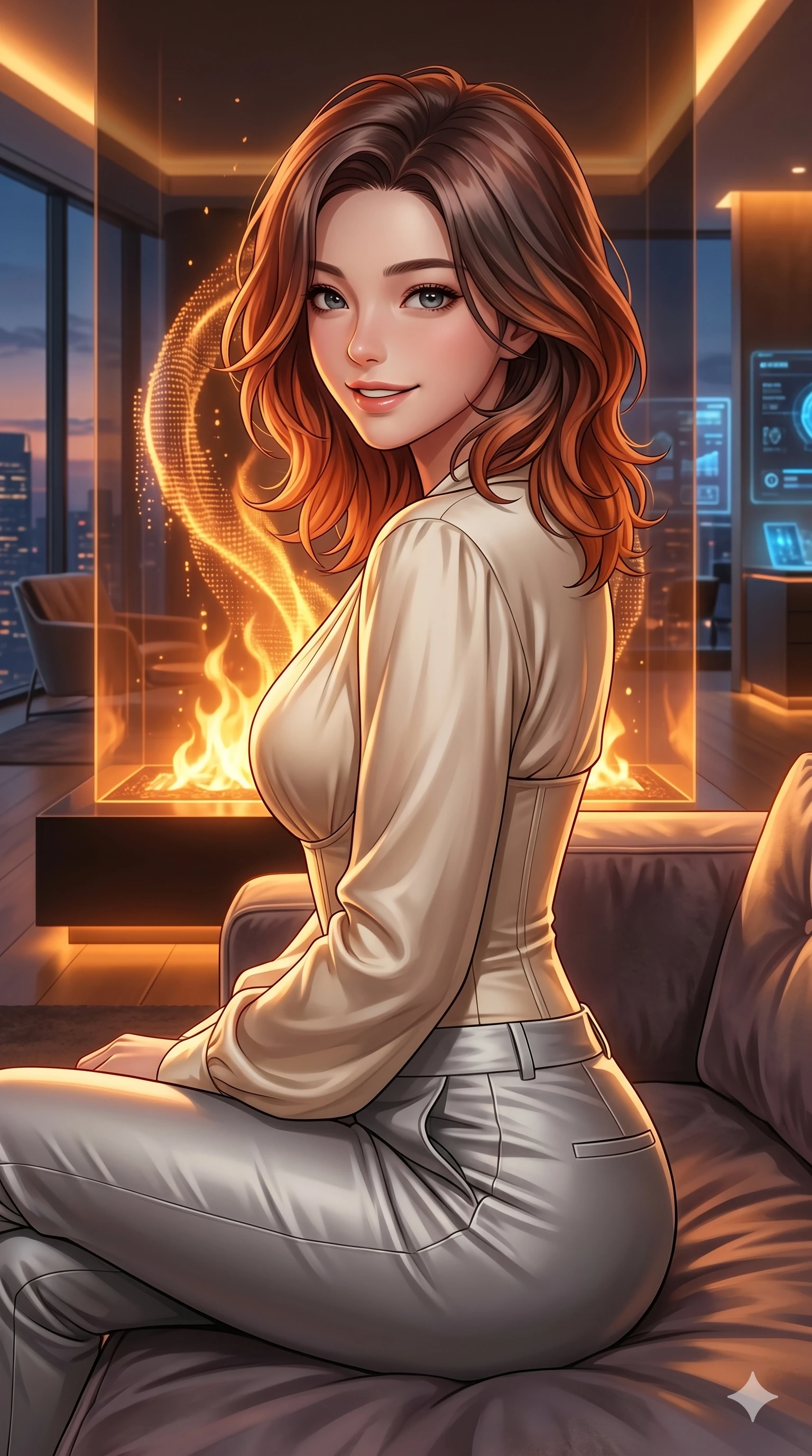 score_9, masterpiece, best quality, ultra-detailed, high-budget anime keyframe, Korean woman. Upper body close-up from the thighs up, character filling the screen for maximum presence. Inside a virtual reality luxury penthouse, next to a holographic fireplace, sitting on a modern sofa, looking back with a warm, welcoming smile. She is wearing a luxurious silk-like wrap top, structured bodice, and silver trousers. The scene is bathed in the warm orange glow of the holographic fire and soft amber lights. 2k, ultra detail, master piece, 9:16 ratio