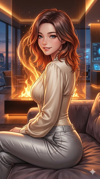 score_9, masterpiece, best quality, ultra-detailed, high-budget anime keyframe, Korean woman. Upper body close-up from the thighs up, character filling the screen for maximum presence. Inside a virtual reality luxury penthouse, next to a holographic 