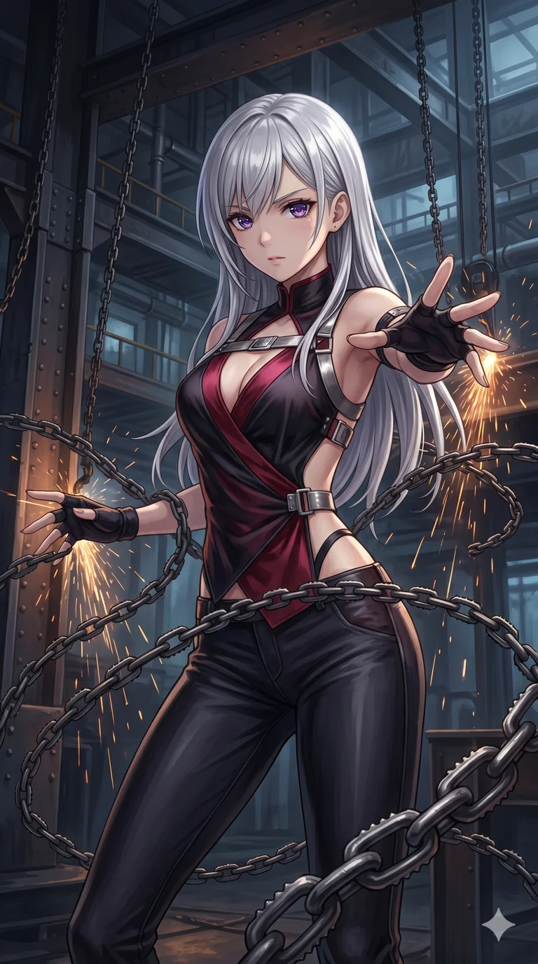 score_9, masterpiece, best quality, ultra-detailed, High-budget Anime Keyframe, beautiful Japanese anime girl. Upper body close-up from the thighs up, character filling the screen for maximum presence. Controlling dozens of living, serrated iron chains that slither around her like metallic vipers. She has an absolutely perfect 8-heads proportion, an exceptionally tall and slender female figure with impossibly long slender legs and an ultra-slim waist. Sharp v-shaped jawline, high-bridge nose, intricate jewel-like eyes with depth, thick eyelashes, glossy lips with a natural sheen. Wearing a Seasonal/Resort outfit: deep-plunging silk wrap with metallic straps and strategic side cut-outs. Background is a dark industrial chamber with sparks flying and heavy chains hanging from the ceiling. 2k, ultra detail, master piece, 9:16 ratio