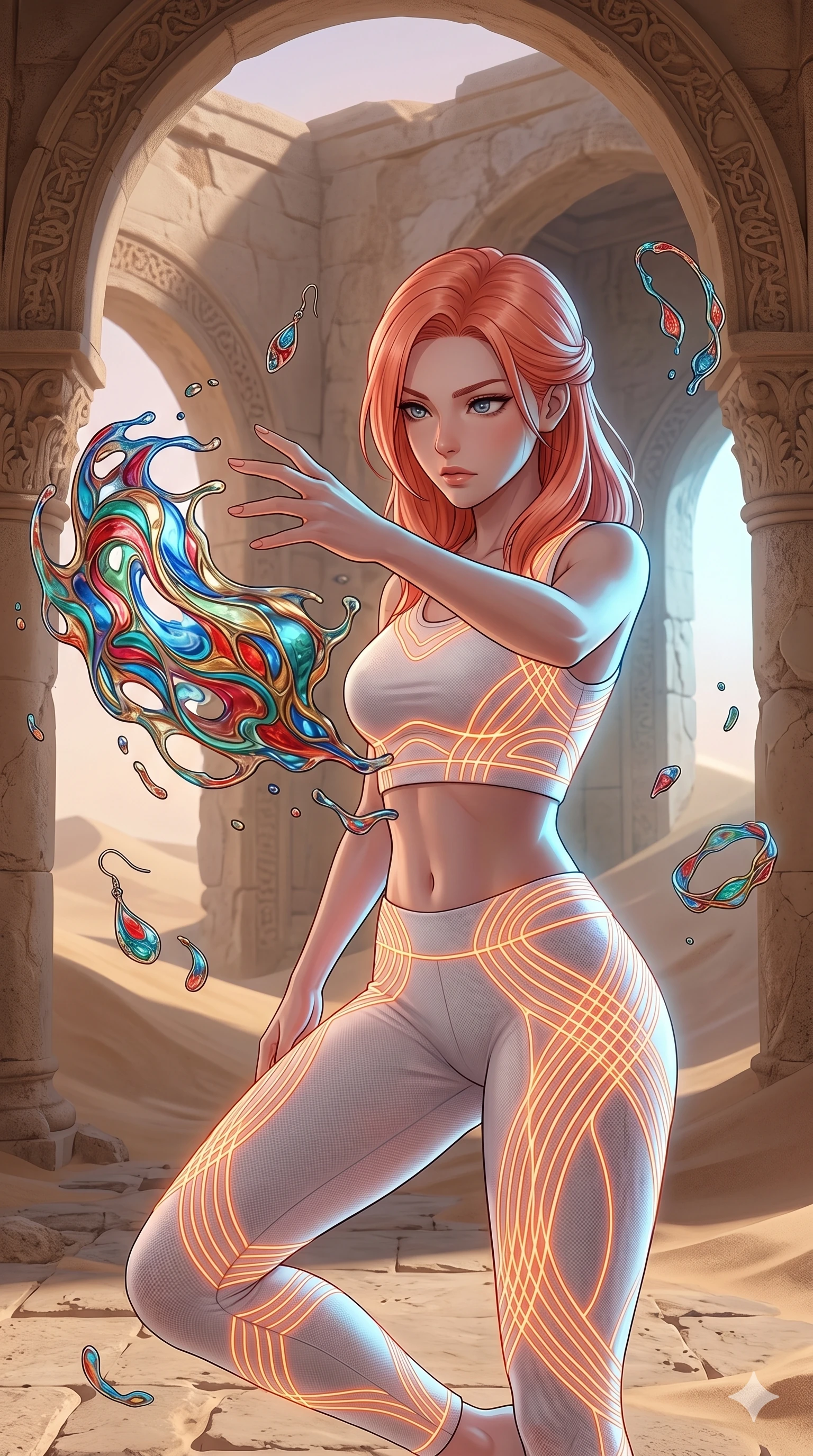 score_9, masterpiece, best quality, ultra-detailed, high-budget anime keyframe, Japanese woman. upper body close-up from the thighs up, character filling the screen for maximum presence. interacting with liquid stained-glass that melts and swirls in mid-air inside a crumbling desert ruin, the fluid jewelry floating in suspension. She has an absolutely perfect 8-heads proportion, an exceptionally tall and slender female figure with impossibly long slender legs and an ultra-slim waist. V-shaped jawline, high-bridge nose, intricate jewel-like eyes with depth, thick eyelashes, glossy lips with a natural sheen.. wearing a neon filament athleisure set, featuring a tight white crop top and matching leggings woven with glowing orange neon filaments, highlighting her slender body contour. lit by a soft glowing ambient light and a sharp side key light that traces the sleek contours of her athletic build. 2k, ultra detail, master piece, 9:16 ratio