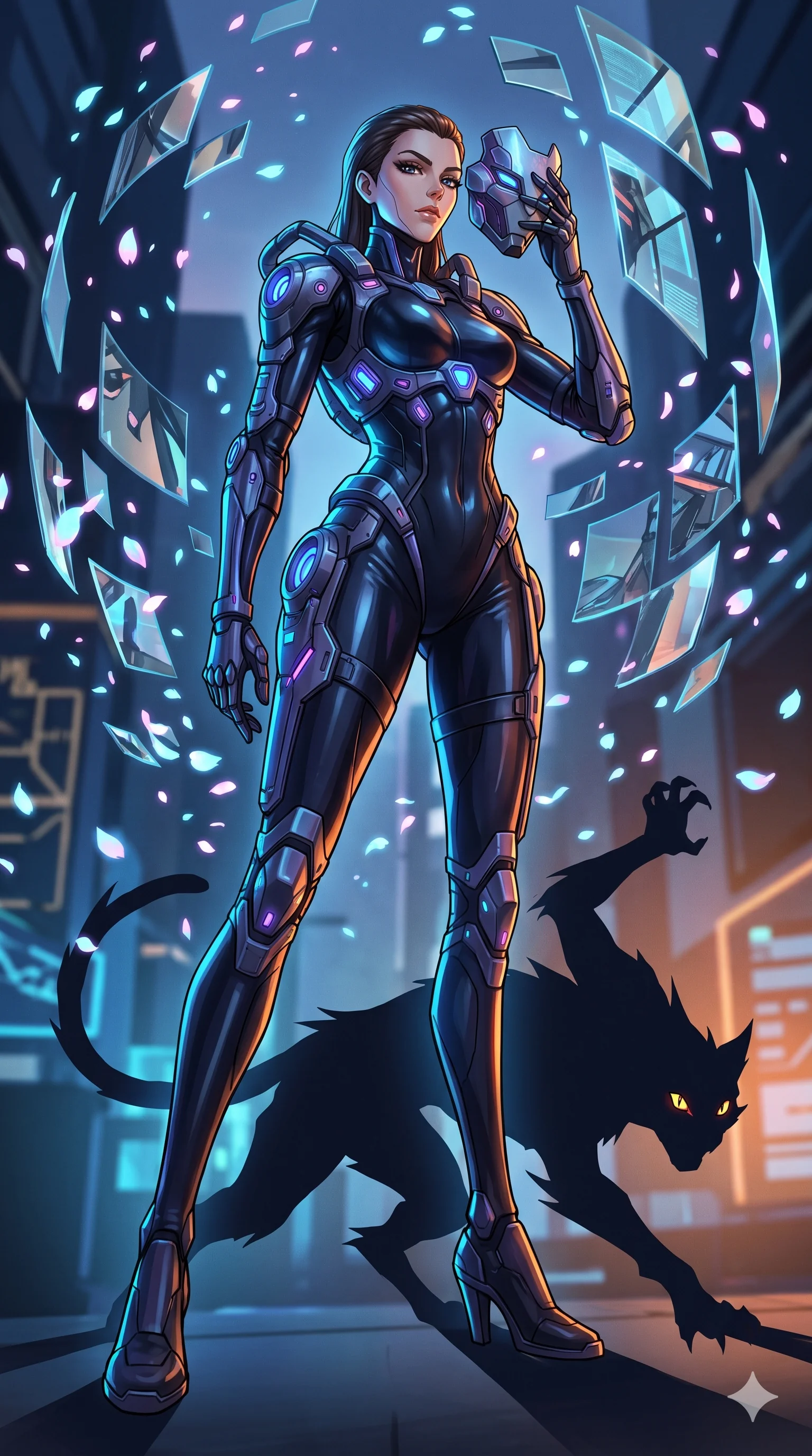 score_9, masterpiece, best quality, ultra-detailed, Set A: High-budget Anime Keyframe, Caucasian (strictly human ears) woman. Low angle cowboy shot filling the entire 9:16 frame with her statuesque presence. Adjusting a mask through a dimension of floating mirrors, while her shadow mimics the movements of a predator 85 and surrounded by digital sakura petals. She has an absolutely perfect 8-heads proportion, an exceptionally tall and slender female figure with impossibly long slender legs and an ultra-slim waist. Sharp v-shaped jawline, high-bridge nose, intricate jewel-like eyes with depth, thick eyelashes, glossy lips with a natural sheen. Wearing Cybernetic exoskeleton frame over a sleek skin-tight latex suit with glowing ports. Cinematic lighting, vibrant colors, dramatic shadows, 2k, ultra detail, master piece, 9:16 ratio