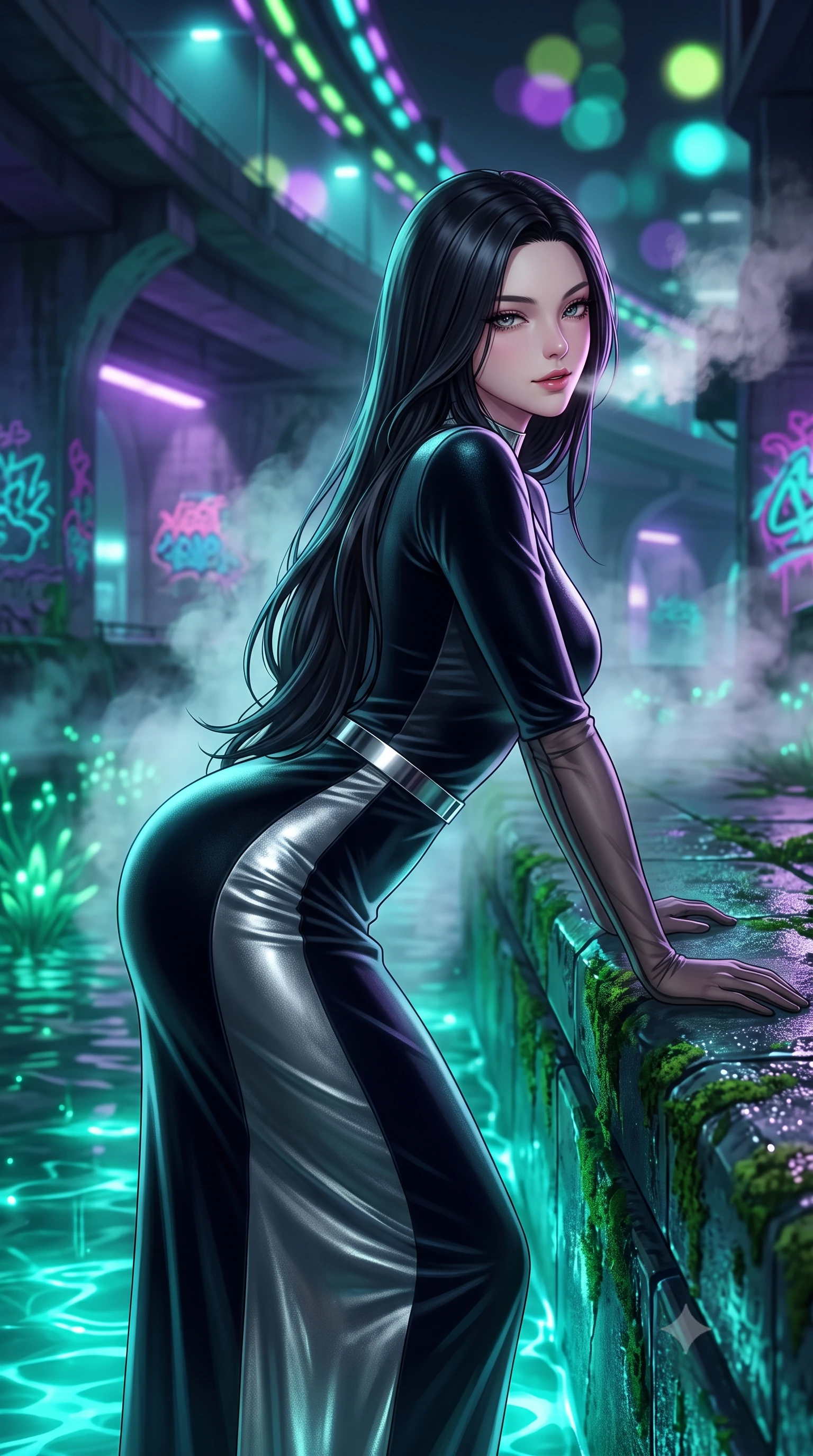score_9, masterpiece, best quality, ultra-detailed, high-budget anime keyframe, semi-realistic 3D game render, editorial fashion photography, tasteful artistic composition, Korean woman. close-up cowboy shot from the waist and thighs up, the character dominates the composition, filling the frame with her large presence. leaning forward while arching her lower back to accentuate her curvy hips, looking into the camera with an intoxicating smoldering gaze and bedroom-eyes while leaning against the moss-covered cybernetic embankment with hips cocked back, looking upstream through rising steam plumes with heavy-lidded bedroom-eyes. The background shows a soft-focus bioluminescent emerald water plants, neon graffiti decals glowing on concrete arches, and overhead maglev track lights blurred into lime, violet, and turquoise bokeh. She has an exceptionally elegant, slender, and willowy female figure with an ultra-slim waist, flat toned midriff, narrow ribcage, and sculpted feminine hips creating an alluring, slim hourglass silhouette without bulk. sharp v-shaped jawline, high-bridge nose, intricate jewel-like sparkling eyes with depth, thick eyelashes, glossy parted lips with a natural peach sheen, bright cheerful beaming smile with an enchanting and coquettish sensual glint, exuding both youthful cute charm and seductive allure, flawlessly proportioned anatomical accuracy, strict slender model proportions, natural body alignment, perfectly sculpted long slender limbs, ultra-slim waistline, clean dynamic posture without body distortion. wearing a refined long-sleeve cyber-velvet column gown with modest jewel neckline and metallic belt in liquid mercury chrome and deep midnight obsidian, crafted from bespoke double-faced cashmere with an exceptionally soft tactile finish, complemented by sheer opera-length evening gloves tracing her slender arms, the impeccably tailored cut draping gracefully along her slender figure with aristocratic poise. bathed in vivid emerald-cyan underwater LEDs combined with ambient violet floodlights from the highway bridges. highly saturated vibrant anime colors, detailed shading with soft gradients, rich glossy textures, high-contrast stereoscopic depth, volumetric dynamic lighting, master piece, 9:16 ratio