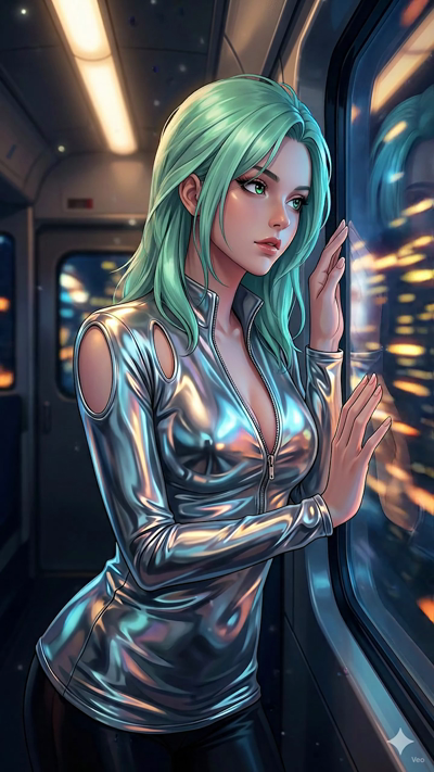An anime keyframe style video starting from the initial frame. The camera executes a slow, smooth orbit. The background galaxy and stars shimmer and rotate slowly. Volumetric sunbeams shift across the room, illuminating floating dust motes and creati