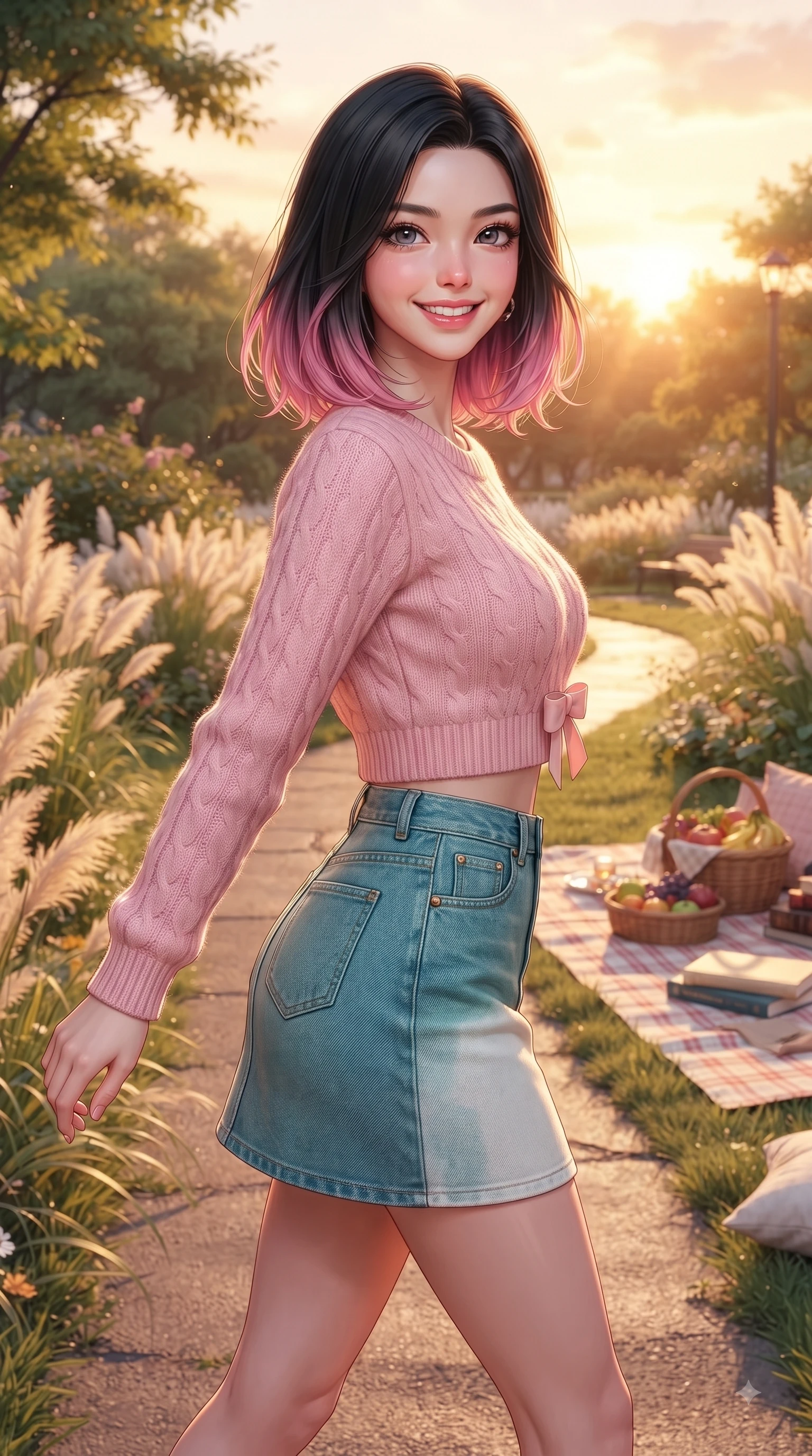 score_9, masterpiece, best quality, ultra-detailed, high-budget anime keyframe, editorial fashion photography, tasteful artistic composition, Korean woman. close-up cowboy shot from the waist and thighs up, the character dominates the composition, filling the frame with her large presence. Gazing directly into the camera with a fresh, infectious smile as her torso curves dynamically in mid-stride while walking cheerfully along a park pathway bordered by swaying pampas grass as sunset light paints the sky. The surrounding environment is rendered in vivid detail and crisp panoramic clarity. lush picnic mat arrangements, fresh fruit baskets, and detailed park foliage rendered in deep focus. She has an exceptionally elegant, slender, and willowy female figure with an ultra-slim waist, a gracefully sculpted slender torso, and a refined silhouette. sharp v-shaped jawline, high-bridge nose, intricate jewel-like eyes with depth, thick eyelashes, glossy lips with a natural sheen, flawlessly proportioned anatomical accuracy, natural body alignment, perfectly sculpted elegant limbs, clean dynamic posture without body distortion. wearing a sweet baby-pink cropped knit sweater with a high-waisted denim A-line skirt in ocean turquoise and sea-salt white, knitted from soft cozy cashmere yarn, accented with a dainty waist ribbon bow, the chic real-way fashion cut emphasizing her effortless charm. bathed in glorious golden hour sunset sunbeams and warm amber sky radiance. ultra-reflective glossy finish, specular highlights, metallic sheen, high-contrast stereoscopic depth, volumetric dynamic lighting, 2k, ultra detail, master piece, 9:16 ratio