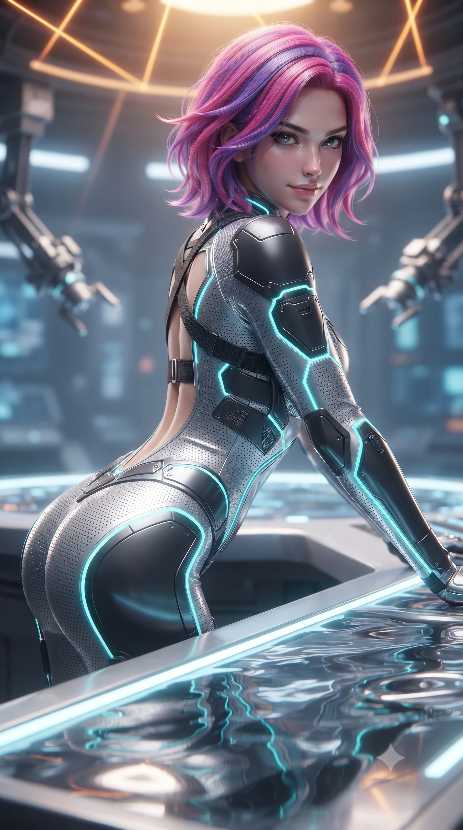score_9, masterpiece, best quality, ultra-detailed, high-budget anime keyframe, editorial fashion photography, tasteful artistic composition, Caucasian woman. close-up cowboy shot from the waist and thighs up, the character dominates the composition, filling the frame with her large presence. leaning forward over the illuminated command console while arching her lower back to accentuate her curvy hips, looking into the camera with a confident smoldering smile and intense bedroom-eyes while twisting her slender torso in an alluring contrapposto stance, shifting liquid chrome waves reflecting her narrow waist and curvy hips. The background shows a soft-focus hovering molecular printer arms and magnetic field emitters softened in high-tech foundry shallow focus. She has an exceptionally elegant, slender, and willowy female figure with an ultra-slim waist, flat toned midriff, narrow ribcage, and sculpted feminine hips creating an alluring, slim hourglass silhouette without bulk. sharp v-shaped jawline, high-bridge nose, intricate jewel-like sparkling eyes with depth, thick eyelashes, glossy parted lips with a natural sheen, bright confident smile with an enchanting and coquettish sensual glint, exuding both youthful magnetic charm and sovereign high-tech allure, flawlessly proportioned anatomical accuracy, strict slender model proportions, natural body alignment, perfectly sculpted long slender limbs, ultra-slim waistline, clean dynamic posture without body distortion. wearing a form-contouring delicate silver nano-mesh bodysuit with strategically placed chrome armor plate guards covering key curves in matte obsidian black and glowing neon cyan trim, made of high-grade ballistic nylon with precision laser-cut perforations, finished with criss-cross Kevlar tactical straps tracing her graceful shoulder blades, the precision-cut side openings and low-back scoop framing her graceful spine and the sensual sweep of her slim, toned hips. illuminated by overhead amber laser guides and sharp chrome rim lights sculpting her razor-sharp jawline, narrow waist, and curvy hips. ultra-reflective glossy finish, specular highlights, rich textural contrasts, high-contrast stereoscopic depth, volumetric dynamic lighting, 2k, ultra detail, master piece, 9:16 ratio