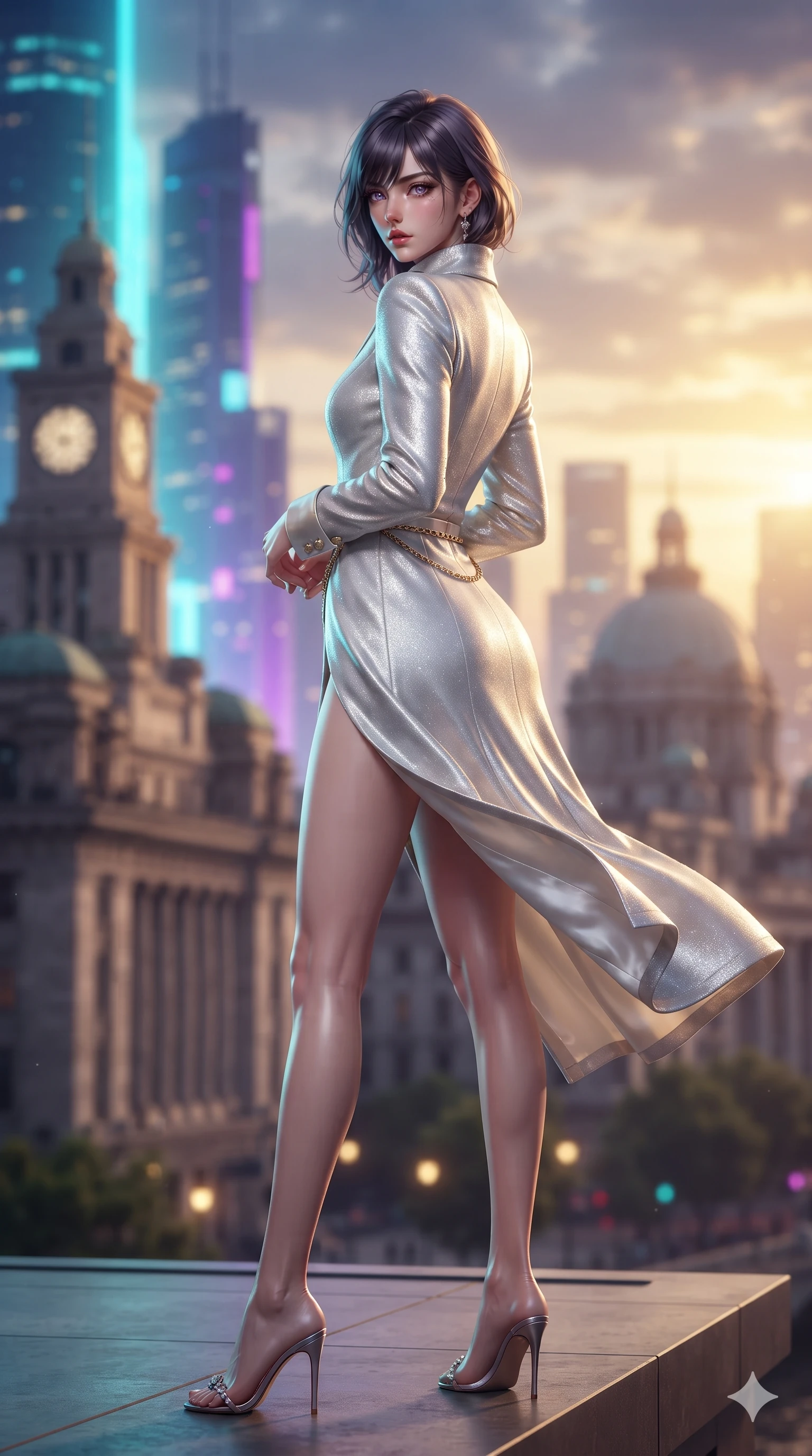 score_9, masterpiece, best quality, ultra-detailed, high-budget anime keyframe, editorial fashion photography, tasteful artistic composition, Japanese woman. low angle full-body shot from head to toe showing her feet, filling the entire 9:16 vertical frame with her statuesque presence, stretching her vertical silhouette. walking along the waterfront terrace with poise, looking back over her bare shoulder with an irresistible smoldering bedroom-gaze while standing poised at the outer edge of the cantilevered deck, arching her lower back with sovereign supermodel grace as river breezes whip her silk dress open. The background shows a soft-focus classical colonial stone clock towers and neoclassical domes blending into soaring cyberpunk neon skyscrapers blurred into gold, cyan, and deep violet bokeh. She has an exceptionally tall and slender model-like 8.5-heads proportion, an ultra-slim waist, a flat toned midriff, narrow delicate ribcage, and beautifully sculpted feminine hips creating a graceful, slim hourglass silhouette without any bulky heaviness, with impossibly long slender legs. sharp v-shaped jawline, high-bridge nose, intricate jewel-like sparkling eyes with depth, thick eyelashes, glossy parted lips with a natural sheen, intensely captivating and seductive bedroom-eyes expression, exuding both youthful cute charm and sovereign luxury allure, flawlessly proportioned anatomical accuracy, strict slender model proportions, natural body alignment, perfectly sculpted long slender limbs, ultra-slim waistline, clean dynamic posture without body distortion. wearing a tailored high-collar velvet evening coat dress with structural waist cinching and satin cuff accents in shimmering silver mercury and pearl white, woven from high-density tech-wool with subtle metallic thread weave, accented with a delicate gold chain belt resting loosely on her curvy hips, the impeccably tailored cut draping gracefully along her slender figure with aristocratic poise. bathed in the dramatic dual twilight lighting: warm golden sunset rays from the heritage west and cool vibrant neon from the futuristic east. ultra-reflective glossy finish, specular highlights, rich textural contrasts, high-contrast stereoscopic depth, volumetric dynamic lighting, 2k, ultra detail, master piece, 9:16 ratio
