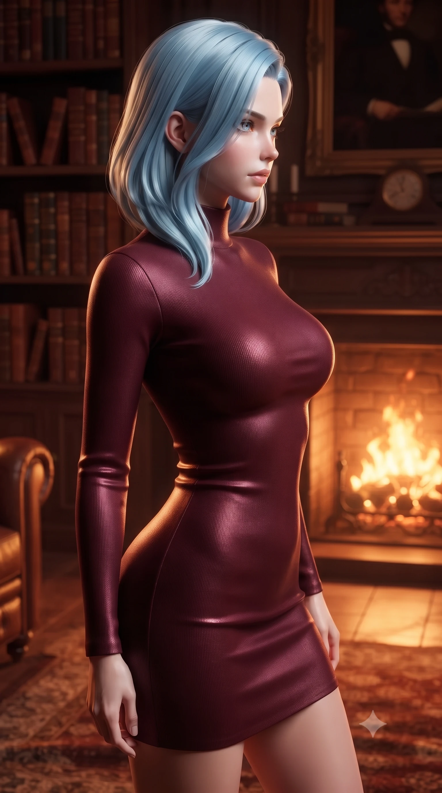 score_9, masterpiece, best quality, ultra-detailed, high-budget anime keyframe, editorial fashion photography, tasteful artistic composition, Korean woman. close-up cowboy shot from the waist and thighs up, the character dominates the composition, filling the frame with her large presence, background elements kept in soft focus. turning her face in sharp profile, casting a cold, mysterious, yet intensely alluring side gaze, the background shows a soft-focus a cozy personal study chamber lined with leather-bound books and a crackling fireplace. She has an exceptionally elegant, slender, and willowy female figure with an ultra-slim waist, a gracefully sculpted slender torso, and a refined silhouette. sharp v-shaped jawline, high-bridge nose, intricate jewel-like eyes with depth, thick eyelashes, glossy lips with a natural sheen. wearing a tailored form-contouring bodycon sweater dress in deep burgundy, featuring a snug mock-neck. the warm orange flicker of the hearth fire casting intimate shadows on the rug. ultra-reflective glossy finish, specular highlights, metallic sheen, high-contrast stereoscopic depth, volumetric dynamic lighting, 2k, ultra detail, master piece, 9:16 ratio