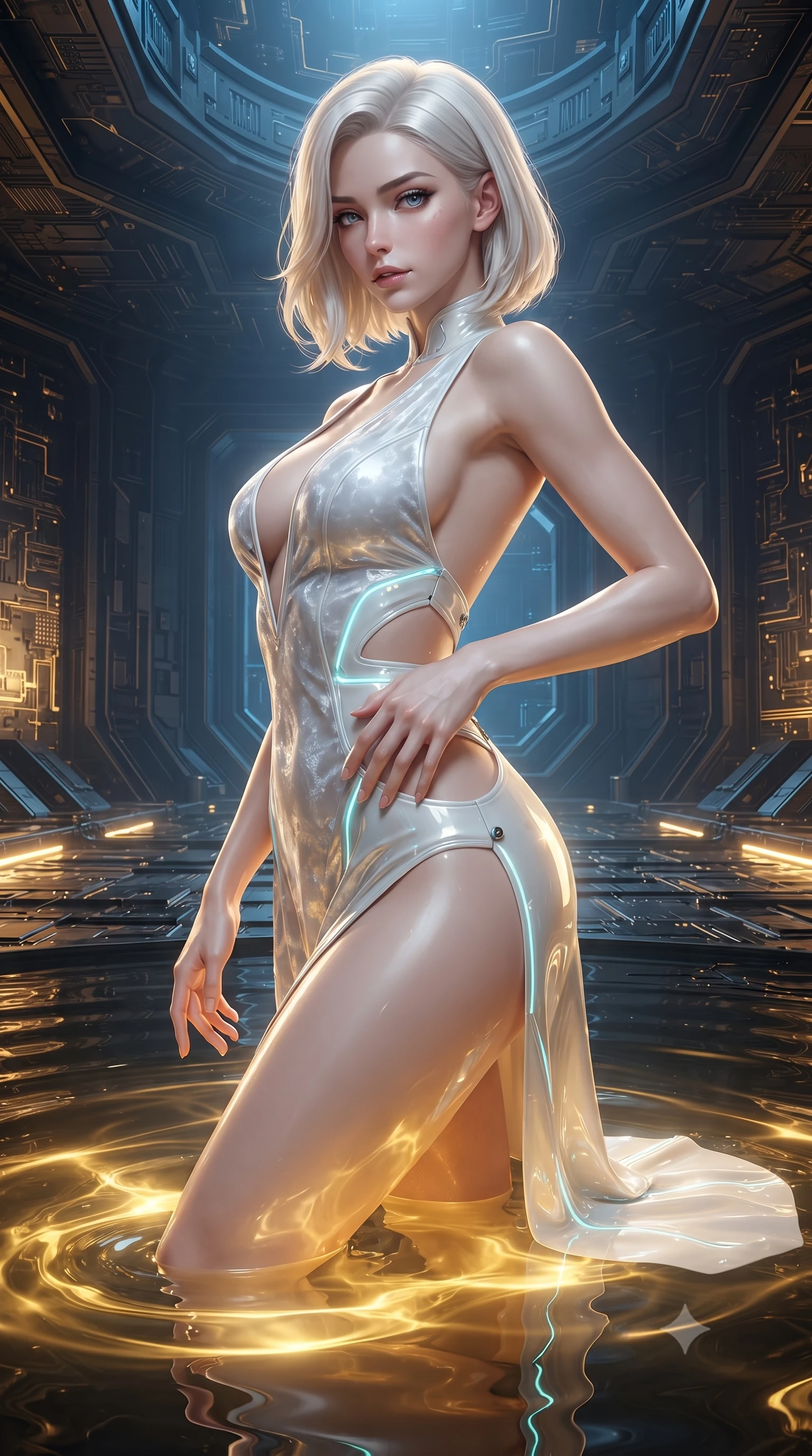 score_9, masterpiece, best quality, ultra-detailed, high-budget anime keyframe, editorial fashion photography, tasteful artistic composition, Caucasian woman. close-up cowboy shot from the waist and thighs up, the character dominates the composition, filling the frame with her large presence. twisting her upper body in a dynamic S-curve with an alluring smolder, one hand trailing along her slender waist while partially submerged in a high-tech obsidian pool filled with glowing liquid gold. The surrounding environment is rendered in vivid detail and crisp panoramic clarity. rich chiaroscuro lighting and intricate cyber-temple architectural textures rendered in panoramic clarity. She has an exceptionally elegant, slender, and willowy female figure with an ultra-slim waist, a gracefully sculpted slender torso, and a refined silhouette. sharp v-shaped jawline, high-bridge nose, intricate jewel-like eyes with depth, thick eyelashes, glossy lips with a natural sheen, flawlessly proportioned anatomical accuracy, natural body alignment, perfectly sculpted elegant limbs, clean dynamic posture without body distortion. wearing a backless crushed velvet gown with a deep V-neckline, strategic hip cutouts, and an ultra-high thigh slit in pure snow white latex and glowing cyan circuit seams, formed from high-gloss patent material with specular light reflections, finished with an ultra-high side slit secured by miniature magnetic clasps, the sleek aerodynamic cut emphasizing her magnetic presence and alluring physical grace. illuminated by intense gold caustics from below and cool blue ambient backlighting. ultra-reflective glossy finish, specular highlights, metallic sheen, high-contrast stereoscopic depth, volumetric dynamic lighting, 2k, ultra detail, master piece, 9:16 ratio