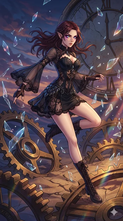score_9, masterpiece, best quality, ultra-detailed, Set A: High-budget Anime Keyframe, Caucasian (strictly human ears) woman. Low angle cowboy shot filling the entire 9:16 frame with her statuesque presence. Leaping through a clockwork desert, while 