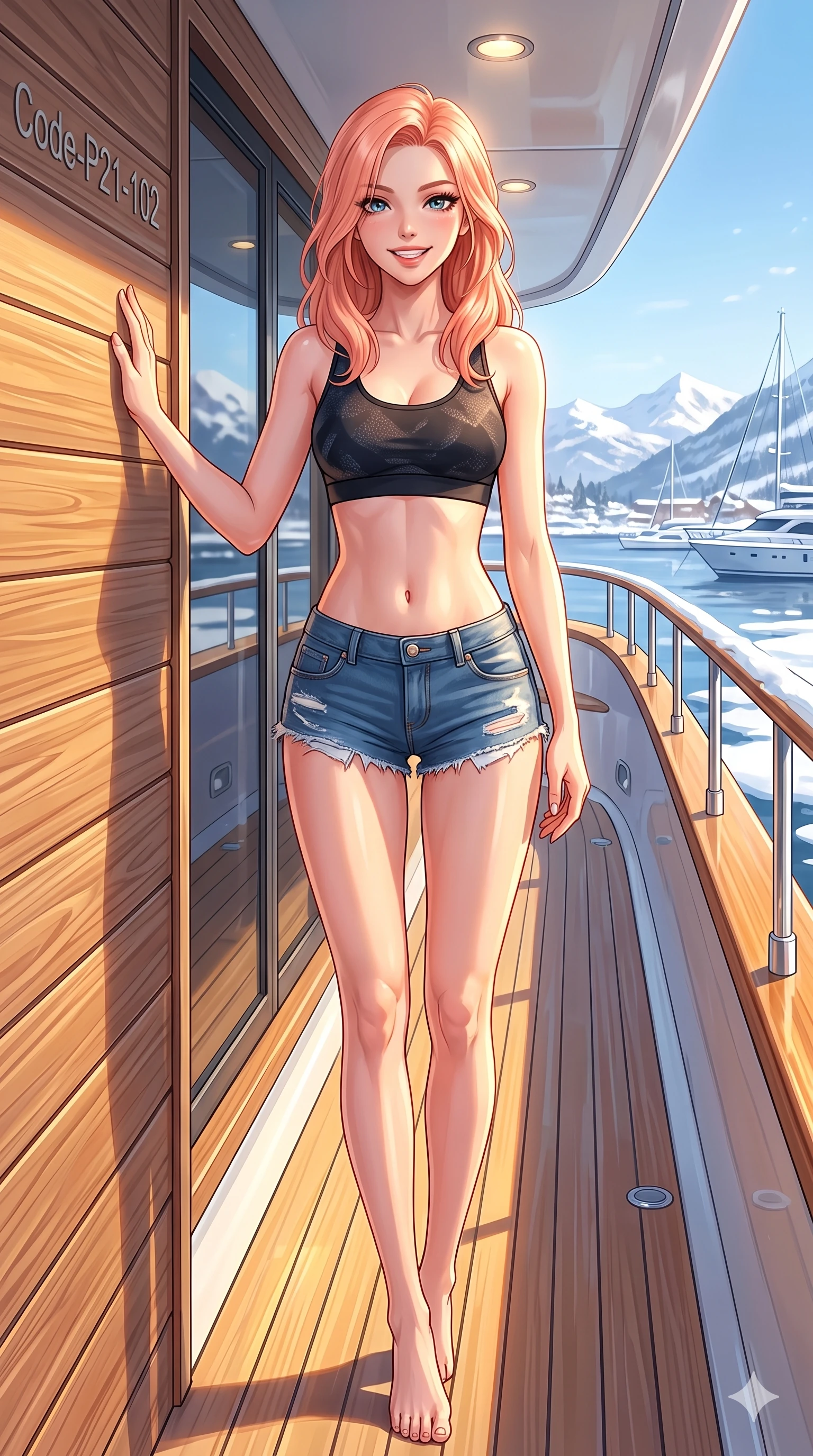 score_9, masterpiece, best quality, ultra-detailed, high-budget anime keyframe, vibrant anime aesthetic, Japanese woman. cowboy shot from the thighs up, character and outfit filling the frame for maximum presence. She is posing with a playful, lively grin, leaning one hand against a chalet wall on a private sun-drenched yacht deck in the winter harbor (Code-P21-102). She has an absolutely perfect 8-heads proportion, an exceptionally tall and slender female figure with impossibly long slender legs and an ultra-slim waist. V-shaped jawline, high-bridge nose, intricate jewel-like eyes with depth, thick eyelashes, glossy lips with a natural sheen. wearing a sports bra paired with denim micro-shorts in the winter sun. She is bathed in a beautiful winter contrast of warm yellow sunbeams and cool snow reflections. 2k, ultra detail, master piece, 9:16 ratio