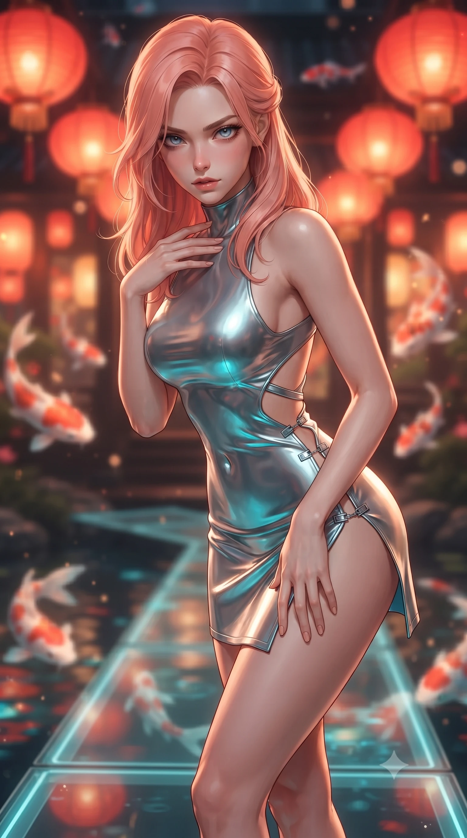 score_9, masterpiece, best quality, ultra-detailed, high-budget anime keyframe, editorial fashion photography, tasteful artistic composition, Japanese woman. close-up cowboy shot from the waist and thighs up, the character dominates the composition, filling the frame with her large presence. leaning forward with a dangerous, enticing smolder, resting one hand near her collarbone while casting a fiery, magnetic direct gaze while stepping along a floating glass bridge over an illuminated pond filled with swimming light fish. The composition keeps background elements in soft focus with creamy bokeh. glowing red paper lanterns and swimming holographic koi blurred into warm oriental bokeh. She has an exceptionally elegant, slender, and willowy female figure with an ultra-slim waist, a gracefully sculpted slender torso, and a refined silhouette. sharp v-shaped jawline, high-bridge nose, intricate jewel-like eyes with depth, thick eyelashes, glossy lips with a natural sheen, flawlessly proportioned anatomical accuracy, natural body alignment, perfectly sculpted elegant limbs, clean dynamic posture without body distortion. wearing a second-skin fashion-latex mini dress with a clean architectural front, featuring an open-back design that wraps around the sides of her waist, showcasing her slender silhouette in liquid mercury silver and glowing electric cyan, made of liquid metal jersey that clings flawlessly to every contour of her build, finished with an ultra-high side slit secured by miniature magnetic clasps, the glove-like fit tightly following every curve of her statuesque athletic build. illuminated by soft glowing floor uplights and sharp specular highlights on wet lacquer. ultra-reflective glossy finish, specular highlights, metallic sheen, high-contrast stereoscopic depth, volumetric dynamic lighting, 2k, ultra detail, master piece, 9:16 ratio