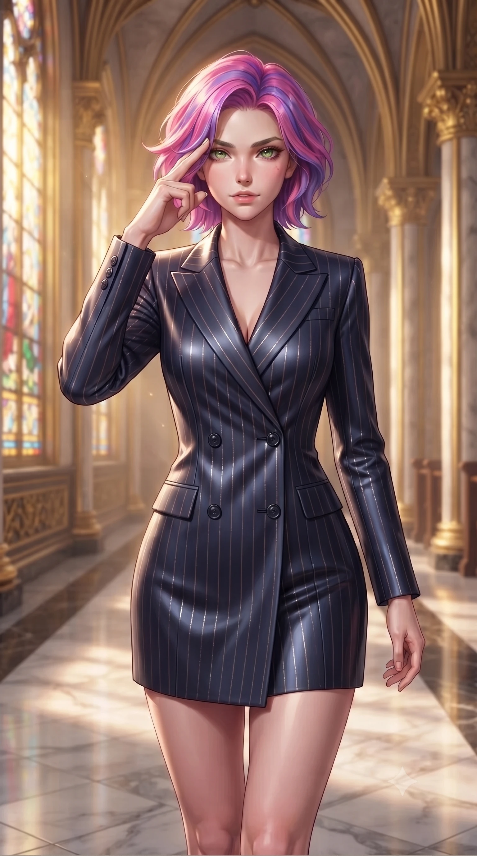 score_9, masterpiece, best quality, ultra-detailed, high-budget anime keyframe, editorial fashion photography, tasteful artistic composition, Caucasian woman. close-up cowboy shot from the waist and thighs up, the character dominates the composition, filling the frame with her large presence, background elements kept in soft focus. Pressing two fingers to her temple in a composed thoughtful gesture with an air of magnetic charisma walking down a polished marble nave lined with tall stained glass arcades, golden filigree details on the architecture shining with brilliant luster. She has an exceptionally elegant, slender, and willowy female figure with an ultra-slim waist, a gracefully sculpted slender torso, and a refined silhouette. sharp v-shaped jawline, high-bridge nose, intricate jewel-like eyes with depth, thick eyelashes, glossy lips with a natural sheen. wearing a tailored double-breasted blazer dress in navy with subtle metallic pin-stripes, the elegant draped fit framing her graceful clavicle and slender torso. illuminated by a warm golden key light and brilliant multi-color rim light. ultra-reflective glossy finish, specular highlights, metallic sheen, high-contrast stereoscopic depth, volumetric dynamic lighting, 2k, ultra detail, master piece, 9:16 ratio