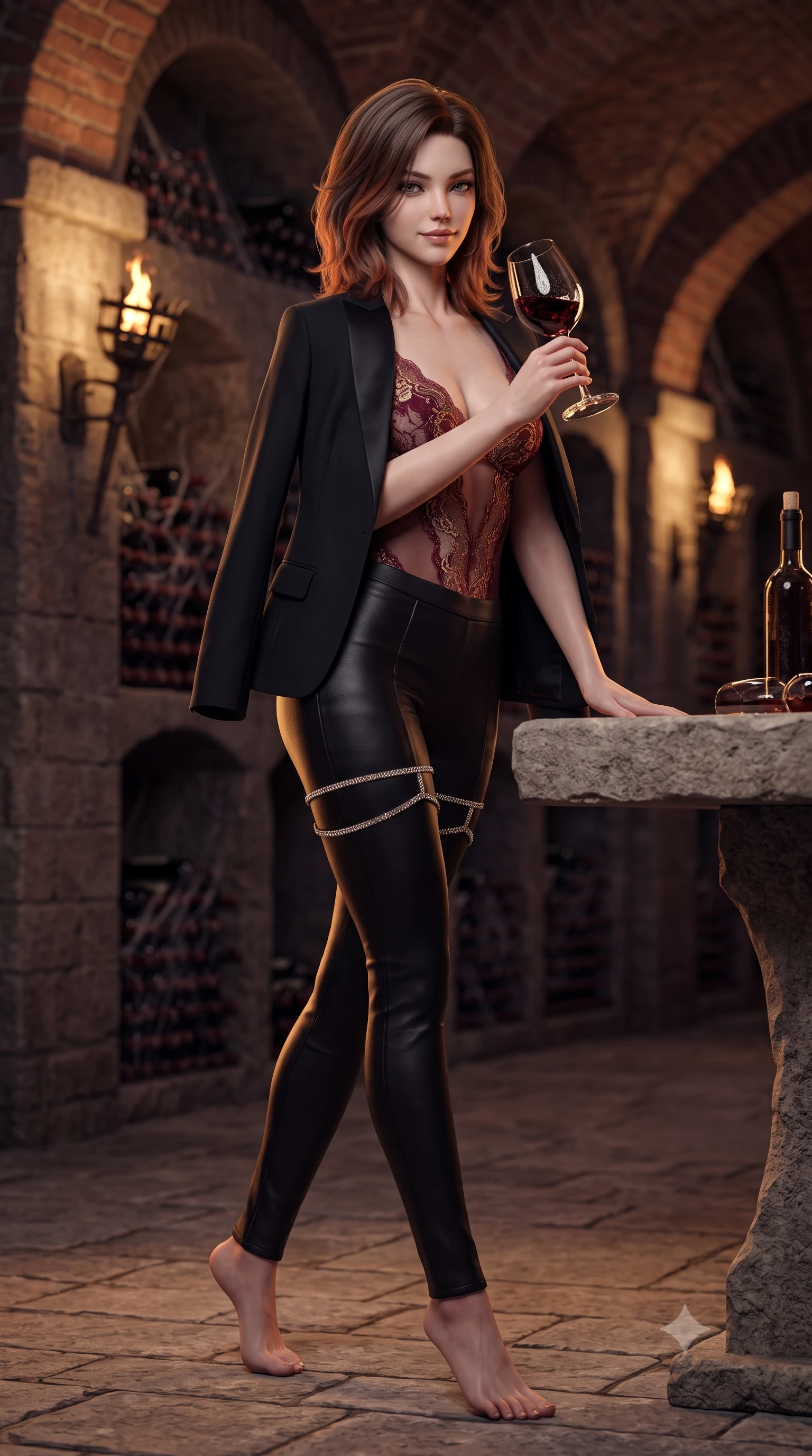 score_9, masterpiece, best quality, ultra-detailed, high-budget anime keyframe, semi-realistic 3D game render, editorial fashion photography, tasteful artistic composition, Korean woman. low angle full-body shot from head to toe showing her feet, filling the entire 9:16 vertical frame with her statuesque presence, stretching her vertical silhouette. walking along the terrace with poise, looking back over her bare shoulder with an irresistible smoldering bedroom-gaze while leaning over the rough stone tasting table with hips cocked back, swirling a crystal glass of dark red wine with smoldering bedroom-eyes. The background shows a soft-focus rows of cobwebbed wine bottles in stone alcoves, flickering iron wall braziers, and vaulted brick arches blurred into burgundy, bronze, and charcoal bokeh. She has an absolutely perfect, statuesque 8.5-heads proportion, an exceptionally tall and slender model-like female figure with impossibly long slender legs, an ultra-slim waist, a flat toned midriff, narrow delicate ribcage, and beautifully sculpted feminine hips creating a graceful, slim hourglass silhouette without any bulky heaviness. sharp v-shaped jawline, high-bridge nose, sparkling eyes with hypnotic seductive depth, thick curled eyelashes, glossy parted lips with a natural dewy peach sheen, alluring bedroom-eyes with an enchanting coquettish smile, exuding magnetic siren charisma and sophisticated glamour, flawlessly proportioned anatomical accuracy, strict slender model proportions, natural body alignment, perfectly sculpted long slender limbs, ultra-slim waistline, clean dynamic posture without body distortion. wearing a delicate sheer floral lace teddy layered under an open tailored black tuxedo blazer draped over bare shoulders in smoldering bordeaux wine and liquid gold with black chantilly lace, woven from buttery-soft stretch lambskin leather adhering to her body like a second skin, finished with delicate crystal-encrusted thigh garter straps glinting under the lights, the second-skin tailored fabric adhering flawlessly to her sculpted flat midriff and slender torso, emphasizing her long leg lines and perfectly proportioned willowy build. illuminated by wine puddle specular bounce and sharp warm-amber rim lights sculpting her jawline, flat midriff, and voluptuous hip curves. highly saturated vibrant anime colors, detailed shading with soft gradients, rich glossy textures, high-contrast stereoscopic depth, volumetric dynamic lighting, master piece, 9:16 ratio