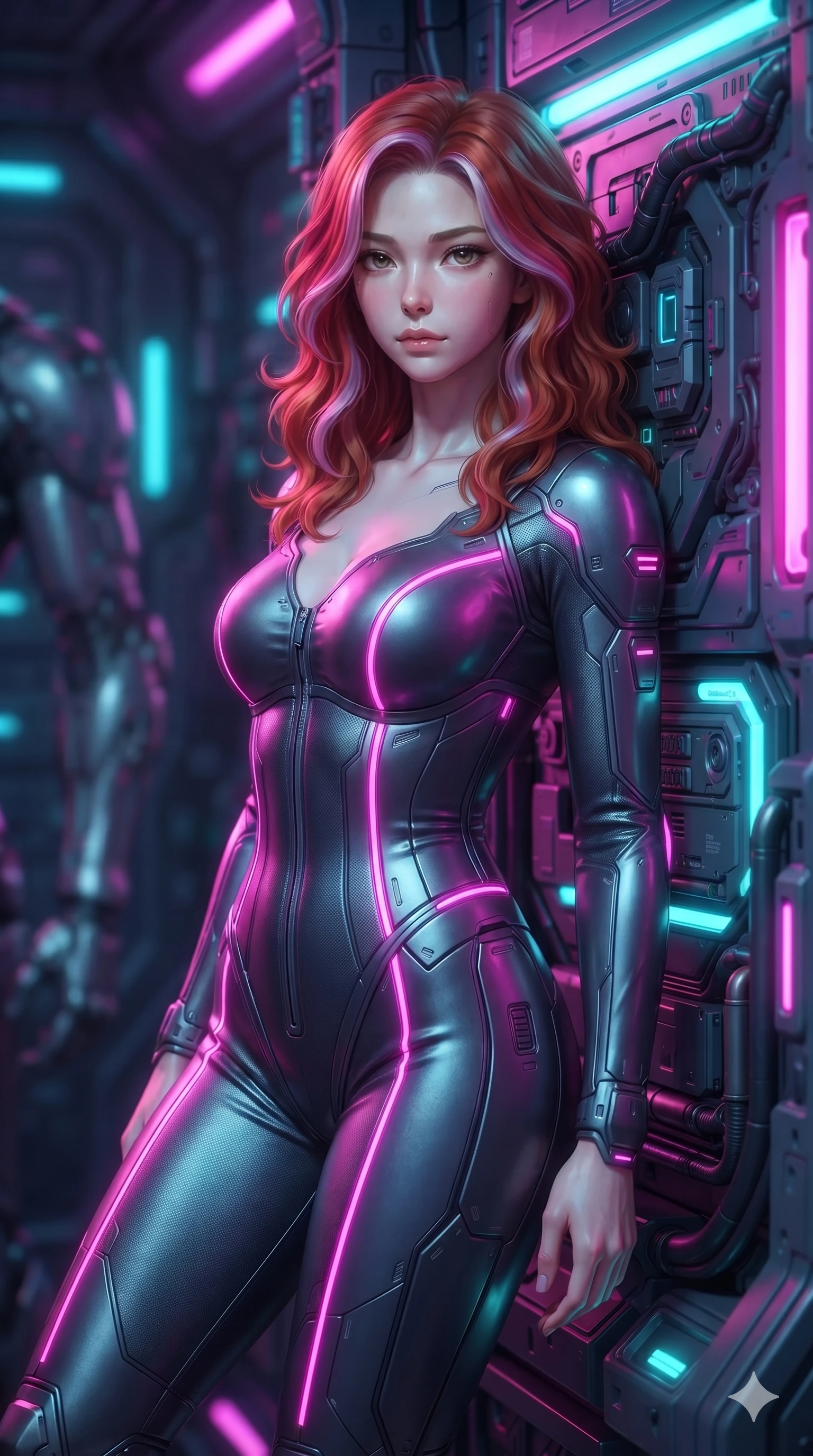 score_9, masterpiece, best quality, ultra-detailed, high-budget anime keyframe, editorial fashion photography, tasteful artistic composition, Caucasian woman. close-up cowboy shot from the waist and thighs up, the character dominates the composition, filling the frame with her large presence. leaning back against the glowing maintenance bulkhead with relaxed seductive grace, her flat midriff and narrow waist highlighted as laser ambient light traces her curves while lounging poised on an anti-gravity stone slab propped on one elbow with legs extended, displaying her statuesque silhouette against the eclipsed sky. The surrounding environment is rendered in vivid detail and crisp panoramic clarity: intricate cybernetic suit paneling, sheer ventilation mesh, and alien anti-gravity physics in razor-sharp clarity. She has an exceptionally elegant, slender, and willowy female figure with an ultra-slim waist, flat toned midriff, narrow ribcage, and sculpted feminine hips creating an alluring, slim hourglass silhouette without bulk. sharp v-shaped jawline, high-bridge nose, intricate jewel-like sparkling eyes with depth, thick eyelashes, glossy parted lips with a natural sheen, bright confident smile with an enchanting and coquettish sensual glint, exuding both youthful magnetic charm and sovereign high-tech allure, flawlessly proportioned anatomical accuracy, strict slender model proportions, natural body alignment, perfectly sculpted long slender limbs, ultra-slim waistline, clean dynamic posture without body distortion. wearing a form-fitting zero-gravity EVA jumpsuit with an ultra-slim corseted waist and exposed clavicle line in deep titanium gunmetal and radiant magenta neon, woven from high-density tech-wool with subtle metallic thread weave, accented with a sleek utility belt with polished magnetic canisters resting loosely on her curvy hips, the bespoke structured tailoring following the natural line of her 8.5-heads silhouette with refined elegance. illuminated by reflective shard bounces and intense silver-white rim lights carving her sculpted collarbones, ultra-slim waist, and curvy hips. ultra-reflective glossy finish, specular highlights, rich textural contrasts, high-contrast stereoscopic depth, volumetric dynamic lighting, 2k, ultra detail, master piece, 9:16 ratio