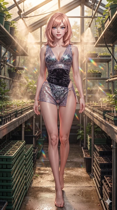Japanese woman. reclining gracefully across the plush chaise lounge with one leg extended, her sculpted silhouette and flat midriff radiating magnetic nocturnal glamour while stepping slowly down the narrow aisle between green seedling flats with feline poise, hips swaying in an alluring rhythm. The surrounding environment is rendered in vivid...