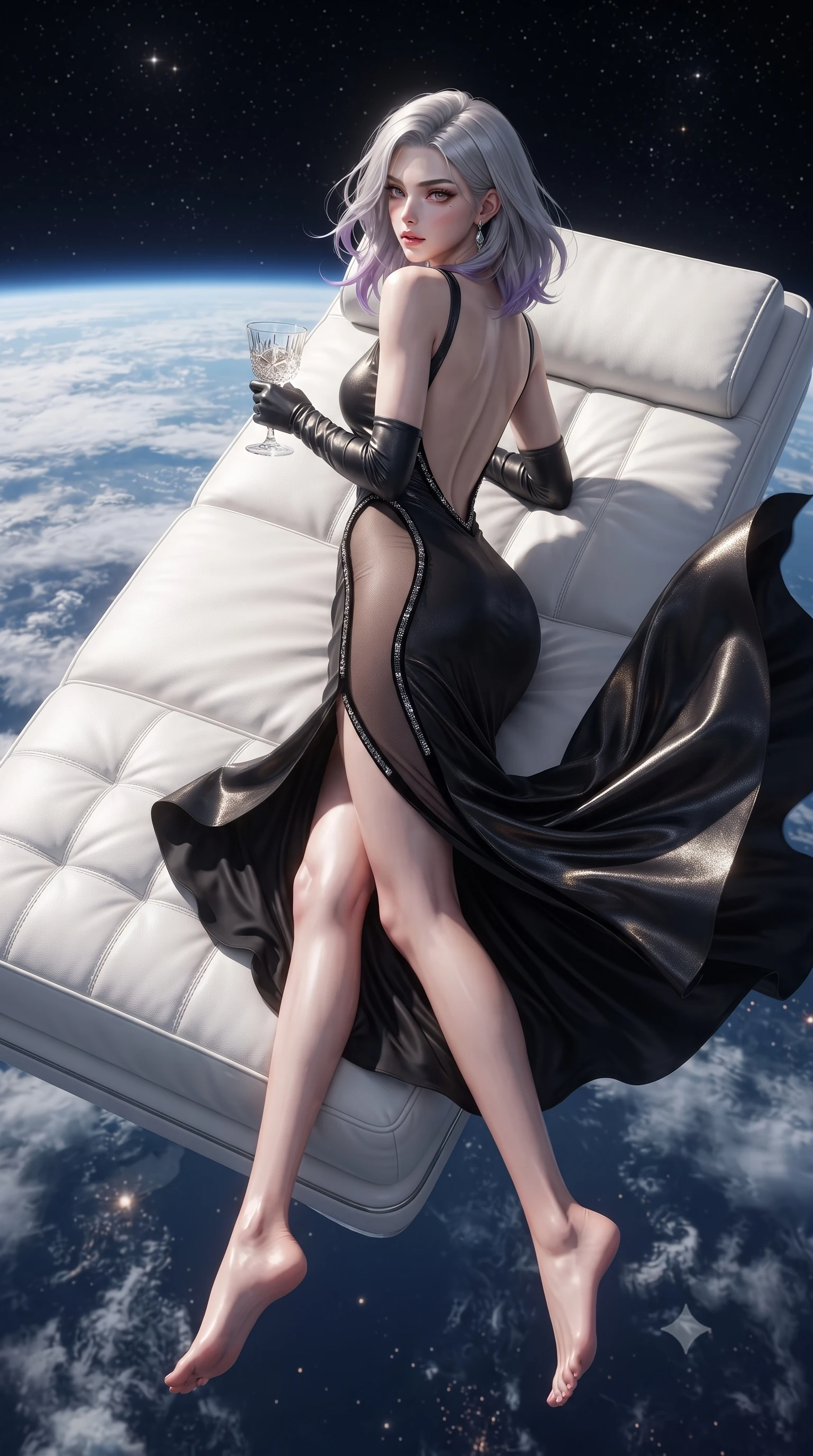 score_9, masterpiece, best quality, ultra-detailed, high-budget anime keyframe, editorial fashion photography, tasteful artistic composition, Caucasian woman. low angle full-body shot from head to toe showing her feet, filling the entire 9:16 vertical frame with her statuesque presence, stretching her vertical silhouette. executing an elegant mid-motion pivot turn as garments swirl around her slender limbs, glancing over her shoulder with an intoxicating bedroom-gaze while reclining on a suspended zero-gravity white leather daybed with one knee drawn up, looking back over her bare shoulder with celestial bedroom-eyes. The surrounding environment is rendered in vivid detail and crisp panoramic clarity. detailed aerodynamic space fabric sheen, Earth cloud filament clarity, and starlight reflections in high resolution. She has an exceptionally tall and slender model-like 8.5-heads proportion, an ultra-slim waist, a flat toned midriff, narrow delicate ribcage, and beautifully sculpted feminine hips creating a graceful, slim hourglass silhouette without any bulky heaviness, with impossibly long slender legs. sharp v-shaped jawline, high-bridge nose, intricate jewel-like eyes with depth, thick eyelashes, glossy parted lips with a natural sheen, intensely captivating and seductive bedroom-eyes expression, flawlessly proportioned anatomical accuracy, strict slender model proportions, natural body alignment, perfectly sculpted long slender limbs, ultra-slim waistline, clean dynamic posture without body distortion. wearing a second-skin black silk jersey maxi dress with asymmetrical sheer mesh side panels tracing the full curve of her hip in pitch-black velvet with diamond crystal trim, crafted from luxurious metallic lamé that shifts radiance with every step, accessorized with opera-length satin gloves and a vintage crystal glass, the dramatically scooped open back descending to the base of her spine, accentuating her razor-sharp statuesque lines and slim hourglass silhouette. illuminated by sleek metallic specular reflections sharply defining her bare collarbones, ultra-slim waist, and curvy hips. ultra-reflective glossy finish, specular highlights, rich textural contrasts, high-contrast stereoscopic depth, volumetric dynamic lighting, 2k, ultra detail, master piece, 9:16 ratio