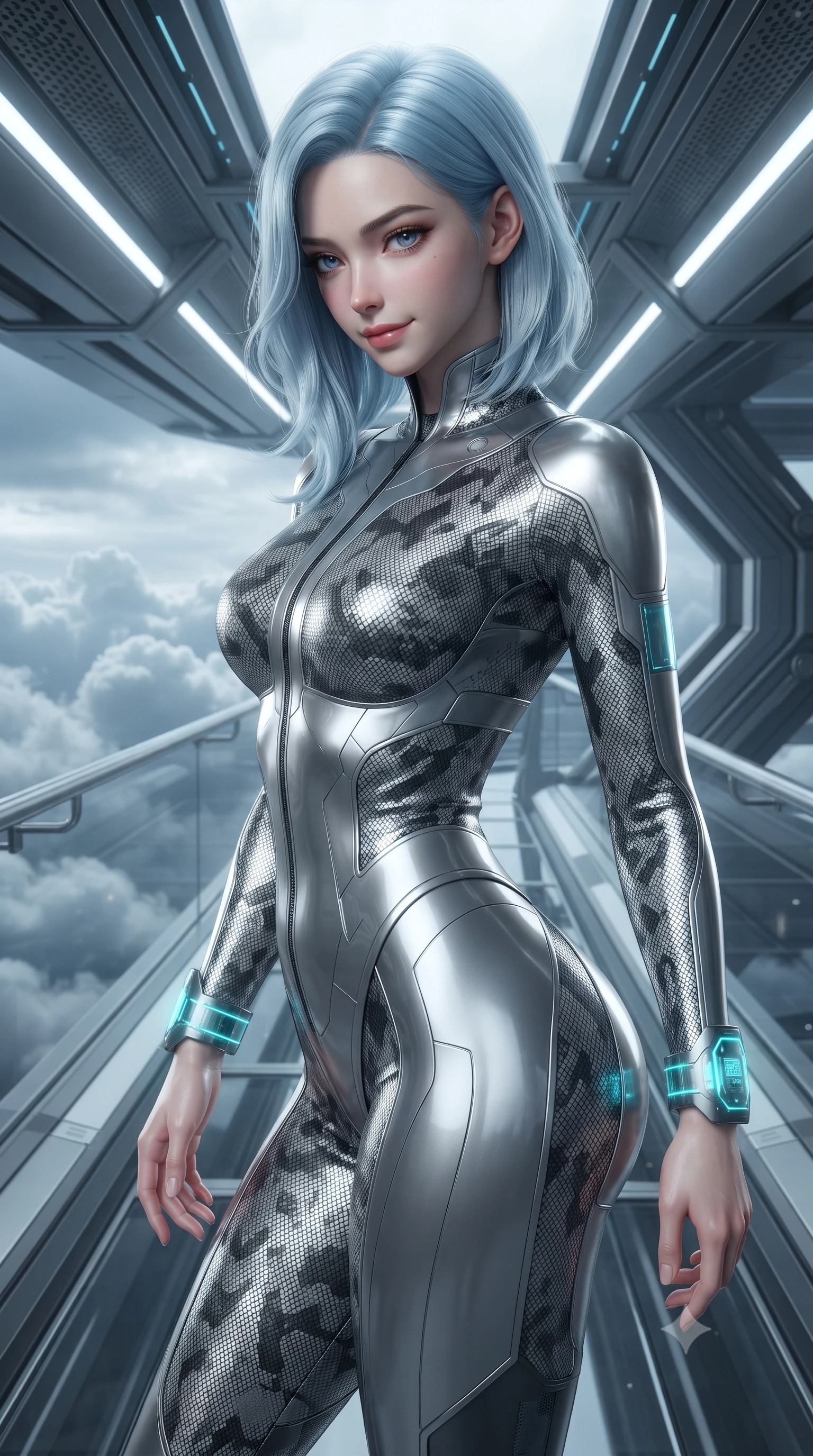 score_9, masterpiece, best quality, ultra-detailed, high-budget anime keyframe, editorial fashion photography, tasteful artistic composition, Korean woman. close-up cowboy shot from the waist and thighs up, the character dominates the composition, filling the frame with her large presence. turning slowly with a smoldering smile, her sleek hair catching the cockpit HUD rim light as her hips angle gracefully in a captivating contrapposto while standing poised at the curved titanium edge with hips cocked back, casting an intoxicating bedroom-gaze down toward swirling atmospheric storm clouds. The surrounding environment is rendered in vivid detail and crisp panoramic clarity: sharp structural glass bridge floor seams, micro-meteorite impact baffles, and titanium handrail hardware in deep focus. She has an exceptionally elegant, slender, and willowy female figure with an ultra-slim waist, flat toned midriff, narrow ribcage, and sculpted feminine hips creating an alluring, slim hourglass silhouette without bulk. sharp v-shaped jawline, high-bridge nose, intricate jewel-like sparkling eyes with depth, thick eyelashes, glossy parted lips with a natural sheen, bright confident smile with an enchanting and coquettish sensual glint, exuding both youthful magnetic charm and sovereign high-tech allure, flawlessly proportioned anatomical accuracy, strict slender model proportions, natural body alignment, perfectly sculpted long slender limbs, ultra-slim waistline, clean dynamic posture without body distortion. wearing a second-skin cybernetic stealth suit with active-camo optical mesh and sculpted carbon hip guards in reflective liquid mercury and matte phantom grey, made of supple second-skin compression stretch jersey clinging flawlessly to her form, featuring sleek glowing cyan HUD display wrist cuffs with floating data telemetry, the form-fitting tactical tailoring adhering flawlessly to her sculpted flat midriff and slender torso, emphasizing her long leg lines and perfectly proportioned willowy build. illuminated by internal skybridge LED pathway wash and sharp platinum rim lights defining her sculpted collarbones, ultra-slim waist, and curvy hips. ultra-reflective glossy finish, specular highlights, rich textural contrasts, high-contrast stereoscopic depth, volumetric dynamic lighting, 2k, ultra detail, master piece, 9:16 ratio