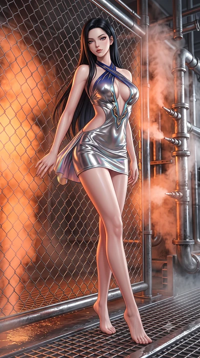 score_9, masterpiece, best quality, ultra-detailed, high-budget anime keyframe, semi-realistic 3D game render, editorial fashion photography, tasteful artistic composition, Korean woman. low angle full-body shot from head to toe showing her feet, fil