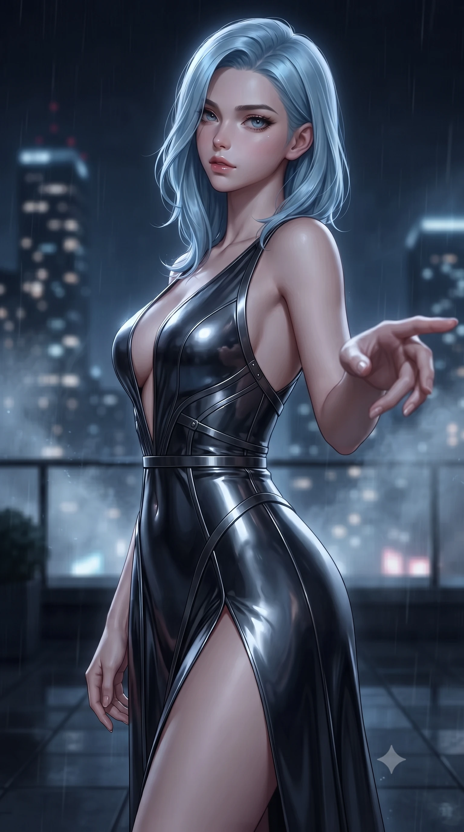 score_9, masterpiece, best quality, ultra-detailed, high-budget anime keyframe, editorial fashion photography, tasteful artistic composition, Korean woman. close-up cowboy shot from the waist and thighs up, the character dominates the composition, filling the frame with her large presence, background elements kept in soft focus. Reaching one hand toward the viewer with relaxed sensual elegance, looking back over her shoulder as city skyscraper lights form soft bokeh, cool night mist drifting gently across the dark rooftop terrace. She has an exceptionally elegant, slender, and willowy female figure with an ultra-slim waist, a gracefully sculpted slender torso, and a refined silhouette. sharp v-shaped jawline, high-bridge nose, intricate jewel-like eyes with depth, thick eyelashes, glossy lips with a natural sheen. wearing deep plunging V-neckline midnight gown with daring high thigh slit in champagne gold, made of sculpted obsidian metallic chrome, highlighted by a gunmetal metallic harness structure, contouring every curve with an exceptionally elegant silhouette. surrounded by a cool rain-soaked ambiance with sharp rim highlights. ultra-reflective glossy finish, specular highlights, metallic sheen, high-contrast stereoscopic depth, volumetric dynamic lighting, 2k, ultra detail, master piece, 9:16 ratio
