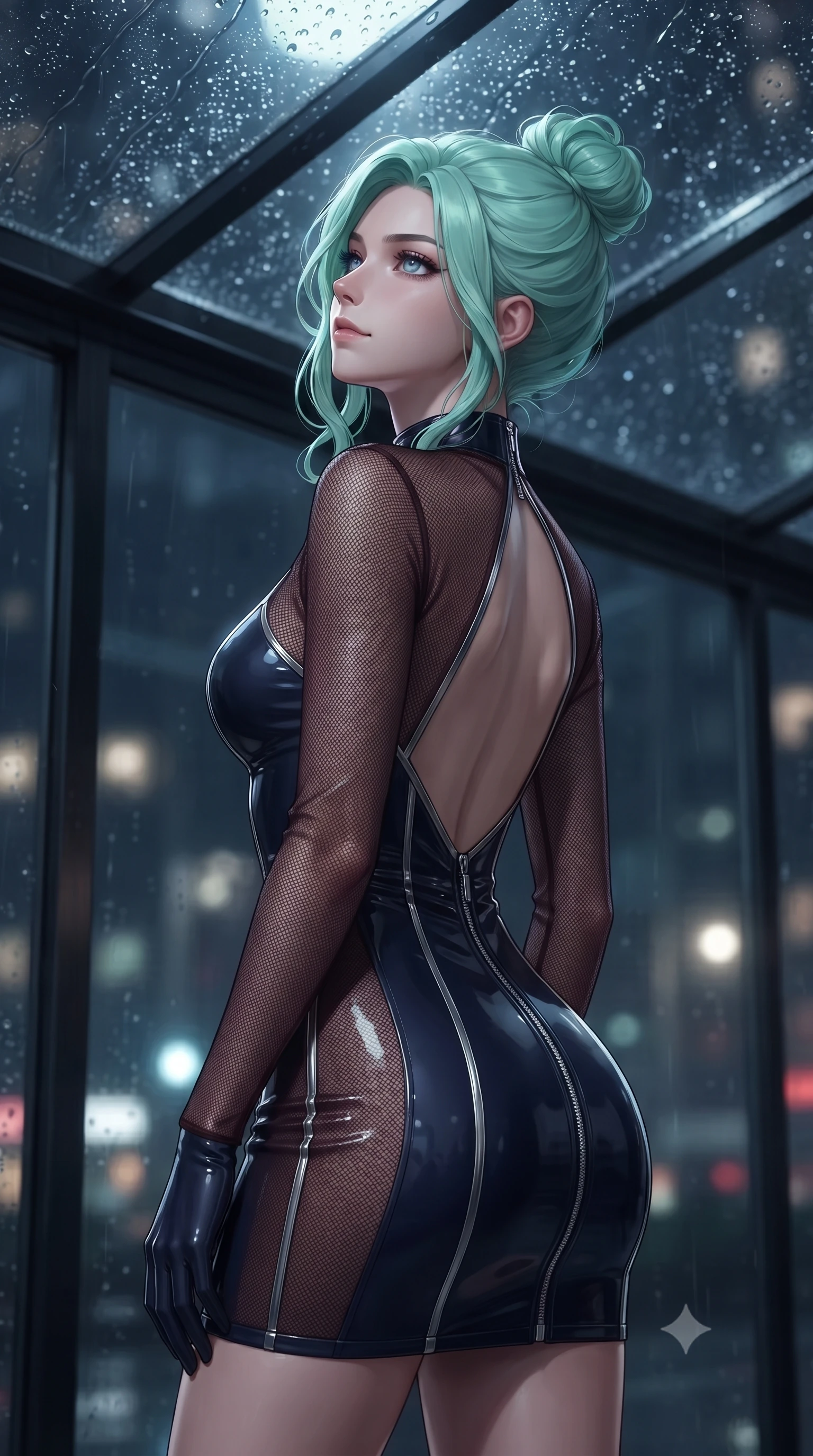 score_9, masterpiece, best quality, ultra-detailed, high-budget anime keyframe, editorial fashion photography, tasteful artistic composition, Japanese woman. close-up cowboy shot from the waist and thighs up, the character dominates the composition, filling the frame with her large presence, background elements kept in soft focus. Smiling with quiet, magnetic self-assurance directly into the camera, looking up at the rain-streaked glass ceiling with a calm, composed expression, daring open-back outfit revealing her graceful shoulder lines. She has an exceptionally elegant, slender, and willowy female figure with an ultra-slim waist, a gracefully sculpted slender torso, and a refined silhouette. sharp v-shaped jawline, high-bridge nose, intricate jewel-like eyes with depth, thick eyelashes, glossy lips with a natural sheen. wearing glove-like fit dark navy latex bodycon mini dress in dark mahogany, made of fine dark contouring mesh, finished with metallic silver boning and sleek zipper points, the fitted fabric emphasizing her ultra-slim waist. surrounded by a moody nocturnal glow with sharp specular water glints. ultra-reflective glossy finish, specular highlights, metallic sheen, high-contrast stereoscopic depth, volumetric dynamic lighting, 2k, ultra detail, master piece, 9:16 ratio
