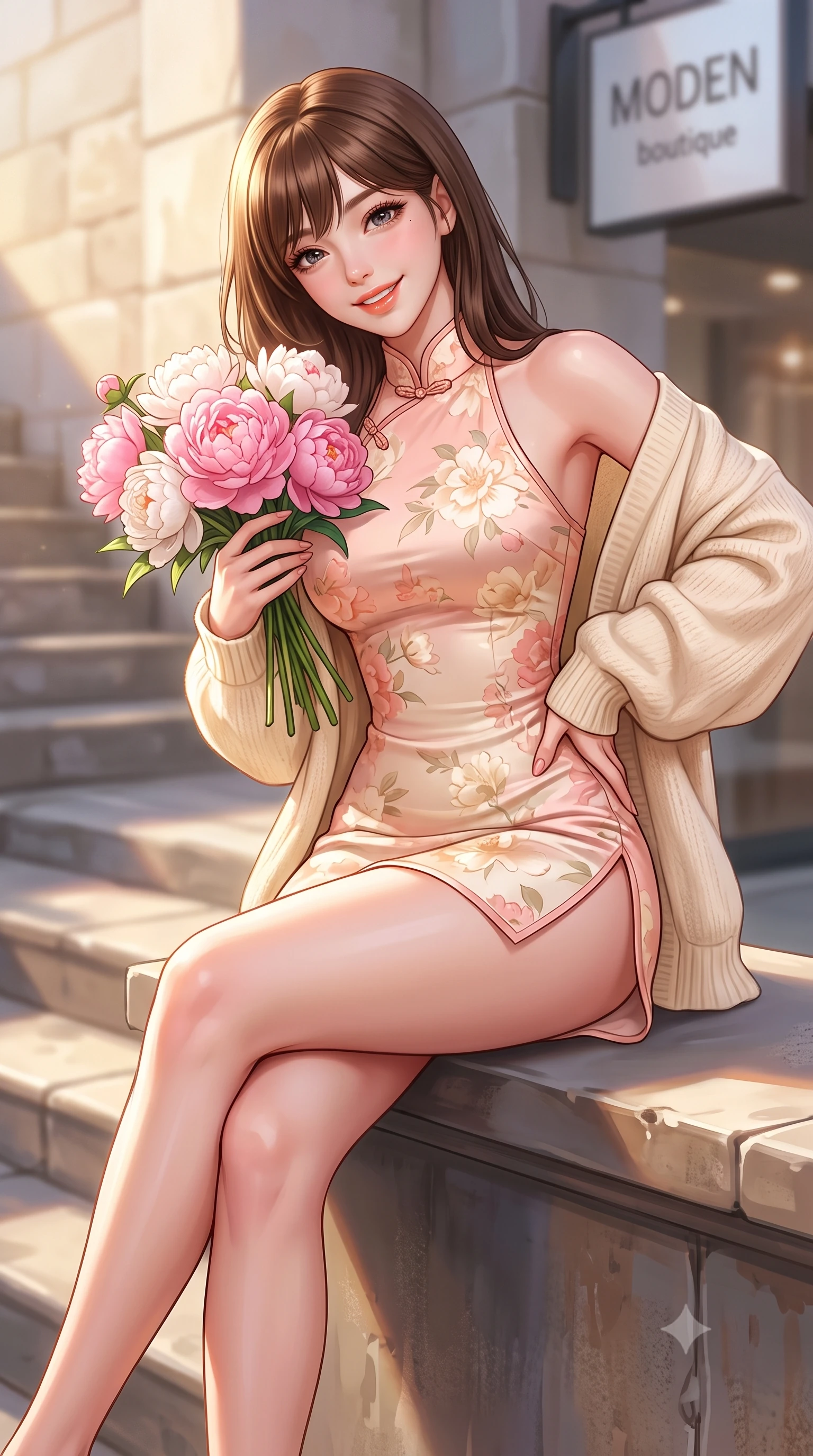 score_9, masterpiece, best quality, ultra-detailed, high-budget anime keyframe, semi-realistic 3D game render, editorial fashion photography, tasteful artistic composition, Korean woman. close-up cowboy shot from the waist and thighs up, the character dominates the composition, filling the frame with her large presence. tilting her head with a cute beaming smile while arching her spine with effortless dancer poise, one hand sliding along her hip line in a flirtatious S-curve while sitting perched on the boutique terrace ledge with legs crossed, holding a bouquet of fresh peonies with a radiant, coquettish expression. The composition keeps background elements in soft focus with dreamy creamy bokeh. sun-dappled stone steps and modern boutique signage softened in stylish urban shallow focus. She has an exceptionally elegant, slender, and willowy female figure with an ultra-slim waist, flat toned midriff, narrow ribcage, and sculpted feminine hips creating an alluring, slim hourglass silhouette without bulk. sharp v-shaped jawline, high-bridge nose, intricate jewel-like sparkling eyes with depth, thick eyelashes, glossy parted lips with a natural peach sheen, bright cheerful beaming smile with an enchanting and coquettish sensual glint, exuding both youthful cute charm and seductive allure, flawlessly proportioned anatomical accuracy, strict slender model proportions, natural body alignment, perfectly sculpted long slender limbs, ultra-slim waistline, clean dynamic posture without body distortion. wearing a modern cute qipao mini dress with double side slits ascending to the hip in pastel floral silk in pastel peach blossom pink and warm champagne ivory, tailored from fine lightweight chiffon that flutters gently in the breeze, complemented by an oversized soft knit cardigan slipping off one bare shoulder, the liquid-tight tailored fabric clinging flawlessly to her narrow waist and rounded feminine hips, emphasizing every millimeter of her sculpted slim hourglass curves without any bulky heaviness. bathed in glorious golden hour afternoon sunlight reflecting off warm stone facades. highly saturated vibrant anime colors, detailed shading with soft gradients, rich glossy textures, high-contrast stereoscopic depth, volumetric dynamic lighting, master piece, 9:16 ratio