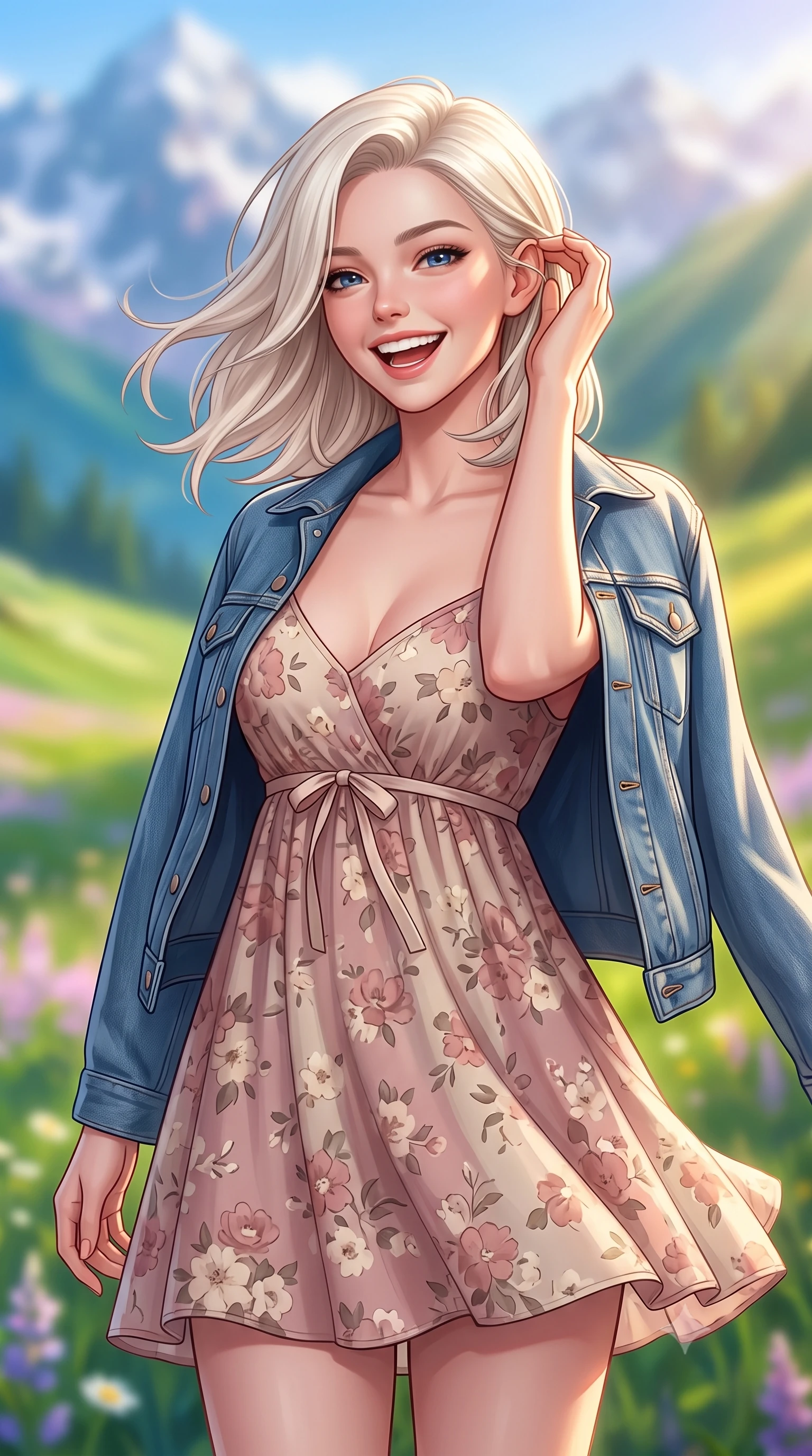 score_9, masterpiece, best quality, ultra-detailed, high-budget anime keyframe, semi-realistic 3D game render, editorial fashion photography, tasteful artistic composition, Caucasian woman. close-up cowboy shot from the waist and thighs up, the character dominates the composition, filling the frame with her large presence. tilting her head with a cute, youthful grin while brushing a stray strand of hair behind her ear with slender fingers while turning with a joyful laugh as the crisp alpine mountain breeze gently lifts her soft hair against the clear blue sky. The composition keeps background elements in soft focus with creamy bokeh. blooming alpine meadows and distant snowcapped mountain peaks blurred into creamy azure, emerald, and pastel violet bokeh. She has an exceptionally elegant, slender, and willowy female figure with an ultra-slim waist, a gracefully sculpted slender torso, toned flat midriff, and a refined slim silhouette. sharp v-shaped jawline, high-bridge nose, intricate jewel-like eyes with depth, thick eyelashes, glossy lips with a natural sheen, pure and lovely fresh girlhood expression, flawlessly proportioned anatomical accuracy, strict slender model proportions, natural body alignment, perfectly sculpted long slender limbs, ultra-slim waistline, clean dynamic posture without body distortion. wearing a classic denim jacket worn lightly over shoulders with a floral print slip dress underneath in soft dusty rose and oatmeal beige, made of fine lightweight chiffon with a soft fluid drape, accented with a dainty ribbon bow at the waistline, the chic real-way fashion cut emphasizing her effortless charm, flat midriff, and slender model proportions. illuminated by warm golden sunbeams streaming across lush green mountain slopes. highly saturated vibrant anime colors, detailed shading with soft gradients, rich glossy textures, high-contrast stereoscopic depth, volumetric dynamic lighting, master piece, 9:16 ratio