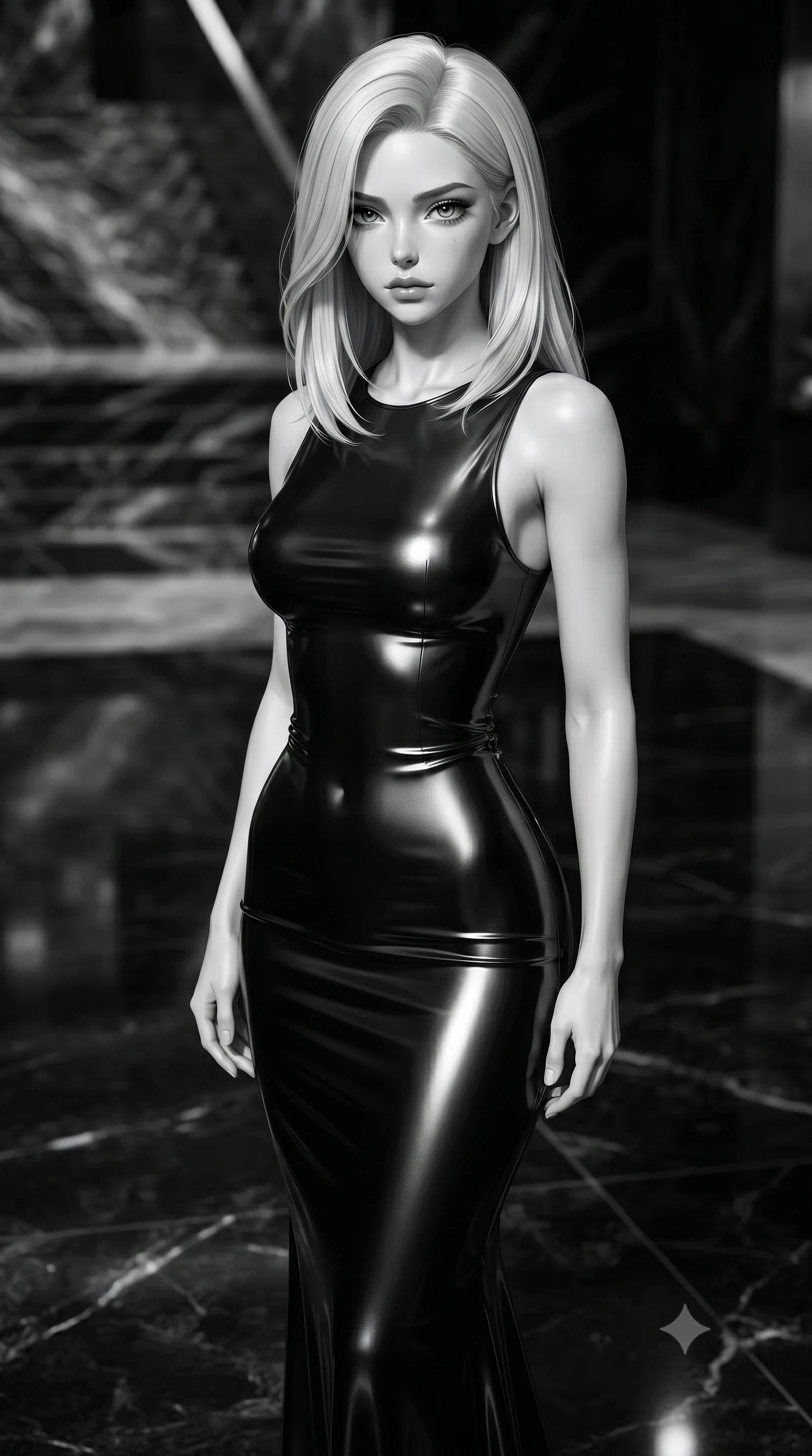 score_9, masterpiece, best quality, ultra-detailed, high-budget anime keyframe, editorial fashion photography, tasteful artistic composition, Caucasian woman. close-up cowboy shot from the waist and thighs up, the character dominates the composition, filling the frame with her large presence, background elements kept in soft focus. Casting a slow, direct gaze beneath heavy lashes with quiet intensity, looking composedly past the camera with quiet, sharp artistic focus, polished granite floor creating a dark mirror reflection of her posture. She has an exceptionally elegant, slender, and willowy female figure with an ultra-slim waist, a gracefully sculpted slender torso, and a refined silhouette. sharp v-shaped jawline, high-bridge nose, intricate jewel-like eyes with depth, thick eyelashes, glossy lips with a natural sheen. wearing precision-fitted bodycon dress in high-gloss liquid vinyl in pitch-black onyx, made of liquid dark mercury jersey, adorned with minimalist black onyx hardware framing the silhouette, accentuating her gracefully sculpted slender torso. bathed in high-contrast black-and-white chiaroscuro with sharp key rays. ultra-reflective glossy finish, specular highlights, metallic sheen, high-contrast stereoscopic depth, volumetric dynamic lighting, 2k, ultra detail, master piece, 9:16 ratio