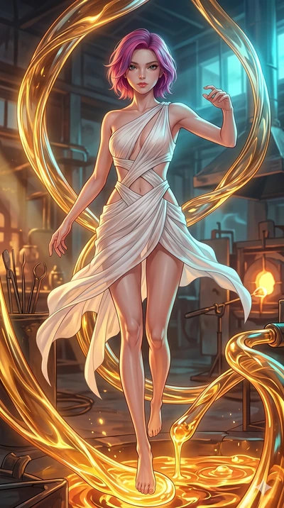 score_9, masterpiece, best quality, ultra-detailed, high-budget anime keyframe, Japanese woman. low angle full-body shot filling the entire 9:16 frame with her statuesque presence, stretching the vertical silhouette. bounding through a molten glass a