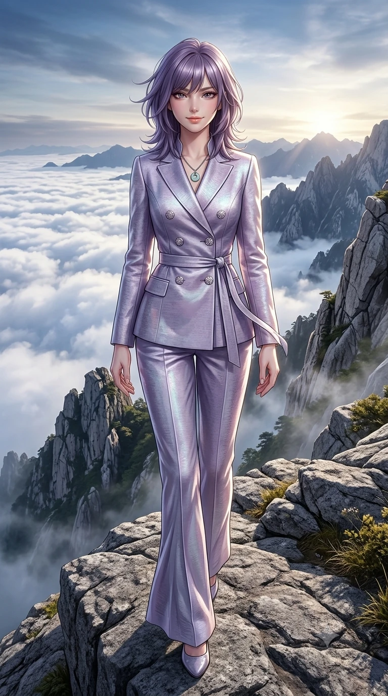 score_9, masterpiece, best quality, ultra-detailed, high-budget anime keyframe, semi-realistic 3D game render, editorial fashion photography, tasteful artistic composition, Japanese woman. low angle full-body shot from head to toe showing her feet, filling the entire 9:16 vertical frame with her statuesque presence, stretching her vertical silhouette. stepping slowly toward the camera with hypnotic grace, hips swaying in an alluring sensual rhythm that accentuates her curvy hourglass silhouette and long slender legs while standing tall on the outer granite precipice, arching her spine with sovereign supermodel grace as mountain gales whip through her hair. The surrounding environment is rendered in vivid detail and crisp panoramic clarity: detailed liquid metallic lamé plunge jumpsuit cling, side cutouts, and pristine mountain geology in razor-sharp clarity. She has an absolutely perfect, statuesque 8.5-heads proportion, an exceptionally tall and slender model-like female figure with impossibly long slender legs, an ultra-slim waist, a flat toned midriff, narrow delicate ribcage, and beautifully sculpted feminine hips creating a graceful, slim hourglass silhouette without any bulky heaviness. sharp v-shaped jawline, high-bridge nose, sparkling eyes with hypnotic seductive depth, thick curled eyelashes, glossy parted lips with a natural dewy peach sheen, alluring bedroom-eyes with an enchanting coquettish smile, exuding magnetic siren charisma and sophisticated glamour, flawlessly proportioned anatomical accuracy, strict slender model proportions, natural body alignment, perfectly sculpted long slender limbs, ultra-slim waistline, clean dynamic posture without body distortion. wearing a tailored double-breasted silk brocade pantsuit with mandarin collar and mother-of-pearl dragon crest buttons in iridescent mother-of-pearl and misty lavender, woven from bespoke Korean ramie fabric with crisp tactile slub texture, finished with a minimalist celadon porcelain pendant on a fine silk cord, the bespoke structured tailoring following the natural line of her 8.5-heads silhouette with refined elegance. illuminated by cloud sea upward bounce and sharp silver-topaz rim lights defining her razor-sharp jawline, narrow waist, and curvy hips. highly saturated vibrant anime colors, detailed shading with soft gradients, rich glossy textures, high-contrast stereoscopic depth, volumetric dynamic lighting, master piece, 9:16 ratio