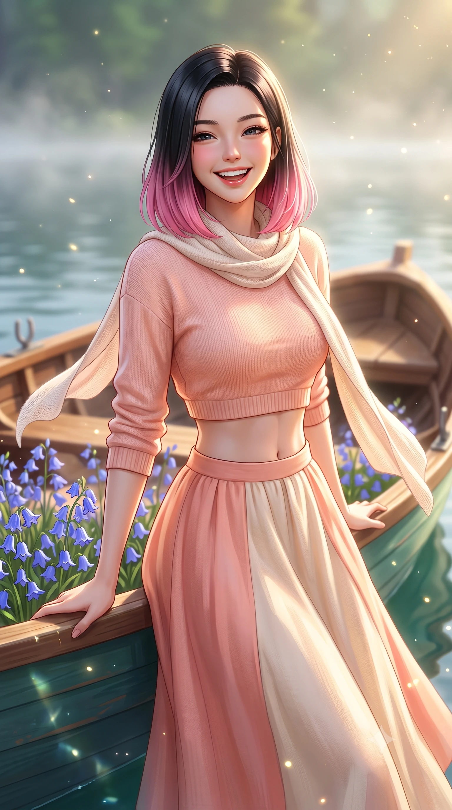 score_9, masterpiece, best quality, ultra-detailed, high-budget anime keyframe, semi-realistic 3D game render, editorial fashion photography, tasteful artistic composition, Korean woman. close-up cowboy shot from the waist and thighs up, the character dominates the composition, filling the frame with her large presence. laughing cheerfully with genuine delight, eyes crinkling sweetly as natural golden sunlight illuminates her glowing cheeks while leaning gently against a vintage wooden rowboat filled with bluebells, casting a warm and charming gaze into the lens. The composition keeps background elements in soft focus with creamy bokeh. shimmering water light refractions and drifting lake mist scattering soft glowing light motes. She has an exceptionally elegant, slender, and willowy female figure with an ultra-slim waist, a gracefully sculpted slender torso, toned flat midriff, and a refined slim silhouette. sharp v-shaped jawline, high-bridge nose, intricate jewel-like eyes with depth, thick eyelashes, glossy lips with a natural sheen, pure and lovely fresh girlhood expression, flawlessly proportioned anatomical accuracy, strict slender model proportions, natural body alignment, perfectly sculpted long slender limbs, ultra-slim waistline, clean dynamic posture without body distortion. wearing a stylish cropped pastel knit pullover paired with a high-waisted flowy A-line linen skirt in warm peach blossom pink and champagne ivory, tailored from soft pastel lightweight wool blend with subtle texture, finished with a lightweight knitted scarf draped loosely around her neck, the soft airy drape swaying gracefully with her dynamic movements, emphasizing her tall willowy build and slim waistline. illuminated by soft morning mist backlighting and emerald water ambient bounce. highly saturated vibrant anime colors, detailed shading with soft gradients, rich glossy textures, high-contrast stereoscopic depth, volumetric dynamic lighting, master piece, 9:16 ratio