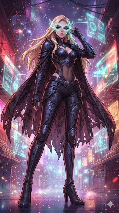 score_9, masterpiece, best quality, ultra-detailed, high-budget anime movie keyframe, cinematic anime lighting, intricate line art, Korean woman. Low angle cowboy shot filling the entire 9:16 frame with her statuesque presence. adjusting a glowing ma