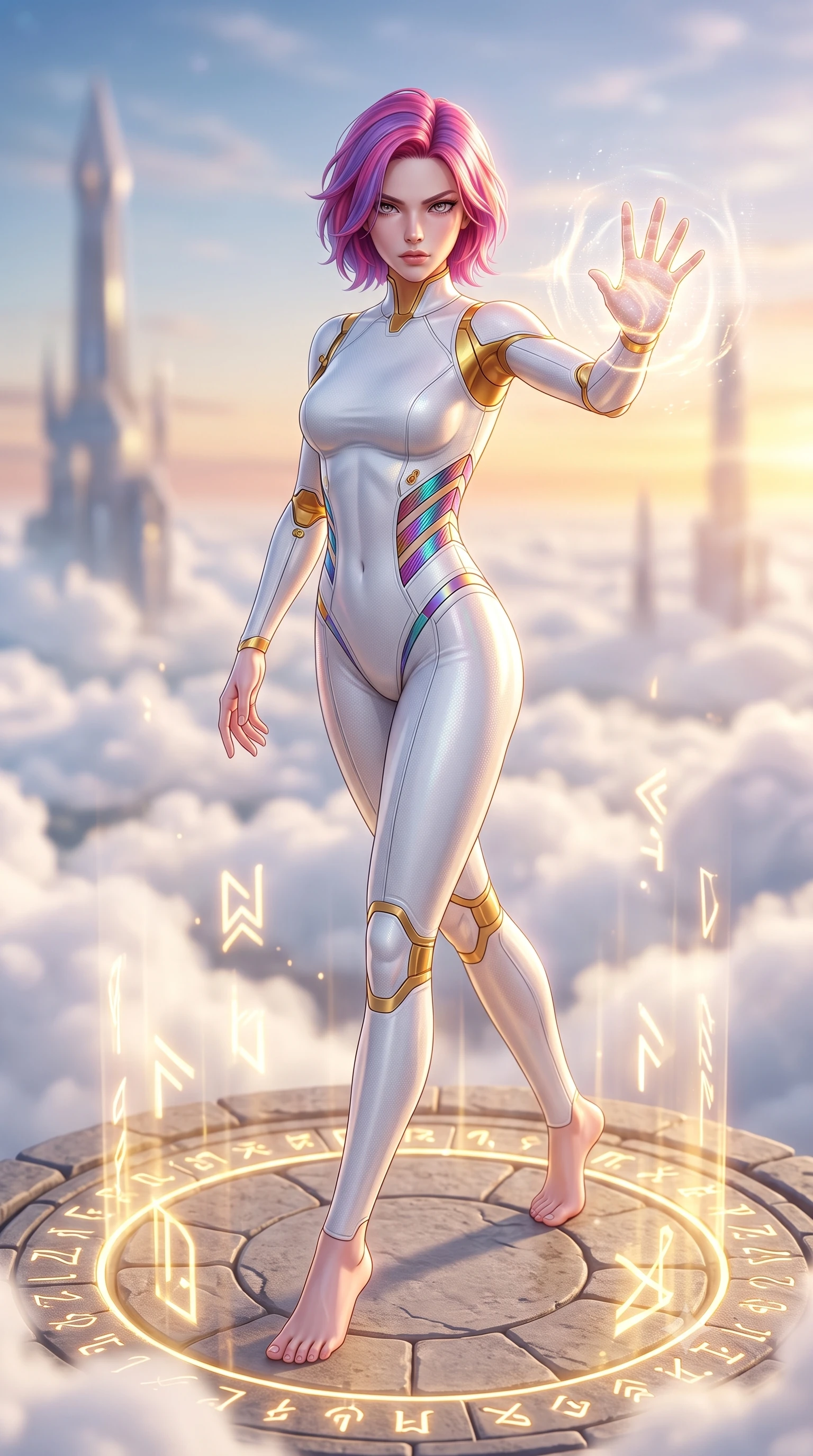 score_9, masterpiece, best quality, ultra-detailed, high-budget anime keyframe, semi-realistic 3D game render, editorial fashion photography, tasteful artistic composition, Caucasian woman. low angle full-body shot from head to toe showing her feet, filling the entire 9:16 vertical frame with her statuesque presence, stretching her vertical silhouette. striding forward with sovereign warrior elegance in a low, predatory combat advance, hips swaying with fierce athletic poise from head to toe while pivoting dynamically on a circular stone glyph platform as she unleashes a high-frequency vibration palm strike into the open air. The composition keeps background elements in soft focus with creamy bokeh. billowing white cloud seas and distant celestial spires softened by shallow atmospheric focus. She has an absolutely perfect, statuesque 8.5-heads proportion, an exceptionally tall and slender model-like female figure with impossibly long slender legs, a toned flat midriff, and an ultra-slim waist. sharp v-shaped jawline, high-bridge nose, intricate jewel-like eyes with depth, thick eyelashes, glossy lips with a natural sheen, flawlessly proportioned anatomical accuracy, strict slender model proportions, natural body alignment, perfectly sculpted long slender limbs, ultra-slim waistline, clean dynamic posture without body distortion. wearing a form-contouring arctic white carbon-composite martial arts leotard with solar gold articulation joints and diagonal midriff vents in high-gloss iridescent rainbow carbon with prism holographic sheen, made of liquid carbon-jersey fabric adhering flawlessly to her sculpted silhouette, finished with high-mobility flexible limb seams and miniature magnetic armor locks, the form-contouring material adhering flawlessly to her sculpted flat midriff and slender torso, emphasizing her long leg lines and perfectly proportioned willowy build. bathed in radiant golden holographic rune uplights and warm sunset horizon fill light. rich saturated anime colors with glowing neon highlights, detailed shading with soft gradients, rich glossy textures, high-contrast stereoscopic depth, volumetric dynamic lighting, master piece, 9:16 ratio