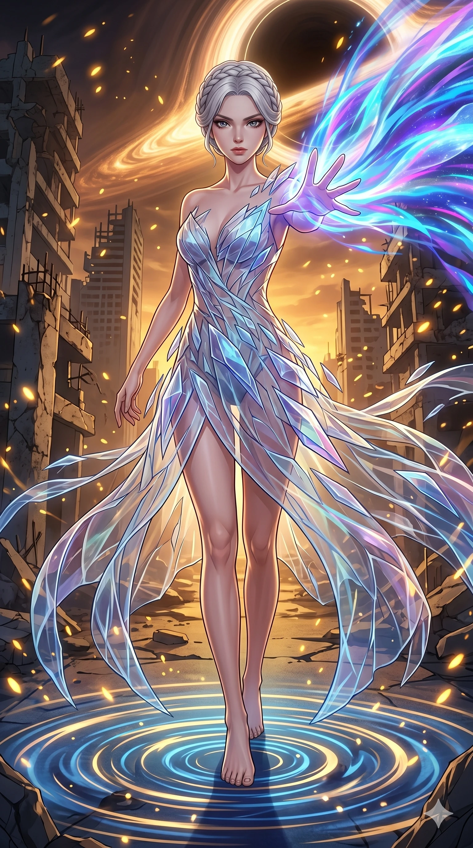 score_9, masterpiece, best quality, ultra-detailed, Set A: High-budget Anime Keyframe, Korean woman. Low angle cowboy shot filling the entire 9:16 frame with her statuesque presence. Theme: Urban Decay. unleashing a massive energy wave in the edge of a black hole, as she steps on ripples of time that distort the space 171. The atmosphere is filled with golden hour with floating embers. She has an absolutely perfect 8-heads proportion, an exceptionally tall and slender female figure with impossibly long slender legs and an ultra-slim waist. Sharp v-shaped jawline, high-bridge nose, intricate jewel-like eyes with depth, glossy lips. Wearing Abstract geometry dress made of floating crystalline shards held by energy fields. Cinematic lighting, vivid colors, dramatic shadows, 2k, ultra detail, master piece, 9:16 ratio
