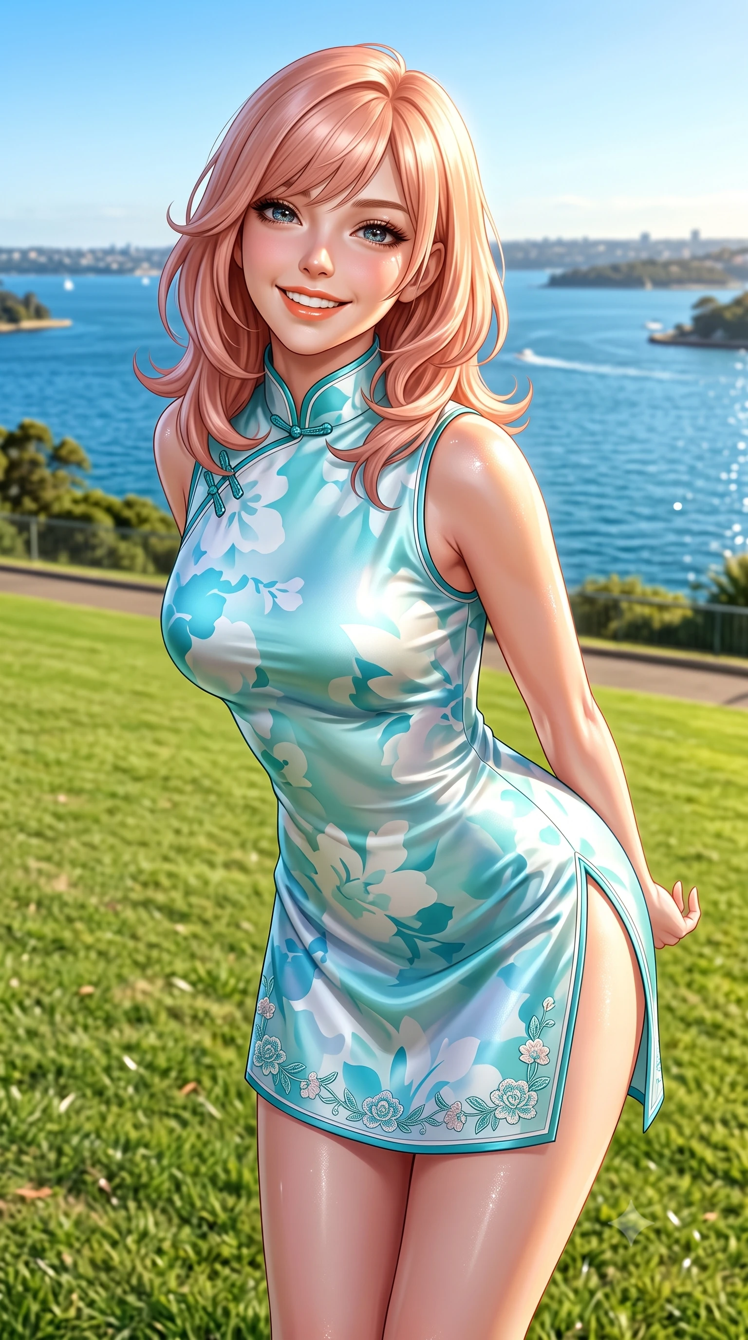 score_9, masterpiece, best quality, ultra-detailed, high-budget anime keyframe, semi-realistic 3D game render, editorial fashion photography, tasteful artistic composition, Japanese woman. close-up cowboy shot from the waist and thighs up, the character dominates the composition, filling the frame with her large presence. resting both hands lightly behind her back while leaning toward the lens with a cheerful, teasing grin, her form-fitting outfit hugging her narrow waist and feminine hip curve while standing on the sloping green lawn directly overlooking the sparkling blue harbour, arching her back with an infectious, sun-kissed smile. The surrounding environment is rendered in vivid detail and crisp panoramic clarity. detailed sporty chic outfit weave, glistening sun highlights on skin, and Sydney harbour clarity in high resolution. She has an exceptionally elegant, slender, and willowy female figure with an ultra-slim waist, flat toned midriff, narrow ribcage, and sculpted feminine hips creating an alluring, slim hourglass silhouette without bulk. sharp v-shaped jawline, high-bridge nose, intricate jewel-like sparkling eyes with depth, thick eyelashes, glossy parted lips with a natural peach sheen, bright cheerful beaming smile with an enchanting and coquettish sensual glint, exuding both youthful cute charm and seductive allure, flawlessly proportioned anatomical accuracy, strict slender model proportions, natural body alignment, perfectly sculpted long slender limbs, ultra-slim waistline, clean dynamic posture without body distortion. wearing a modern cute qipao mini dress with double side slits ascending to the hip in pastel floral silk in ocean turquoise and sea-salt white, made of smooth fluid silk satin with a delicate pearlescent sheen, complemented by delicate embroidered floral trim along the hem, the form-fitting cut adhering flawlessly to her sculpted flat midriff and slender torso, emphasizing her long leg lines and perfectly proportioned willowy build. bathed in brilliant Australian golden afternoon sunlight and radiant sapphire water bounce fill. highly saturated vibrant anime colors, detailed shading with soft gradients, rich glossy textures, high-contrast stereoscopic depth, volumetric dynamic lighting, master piece, 9:16 ratio