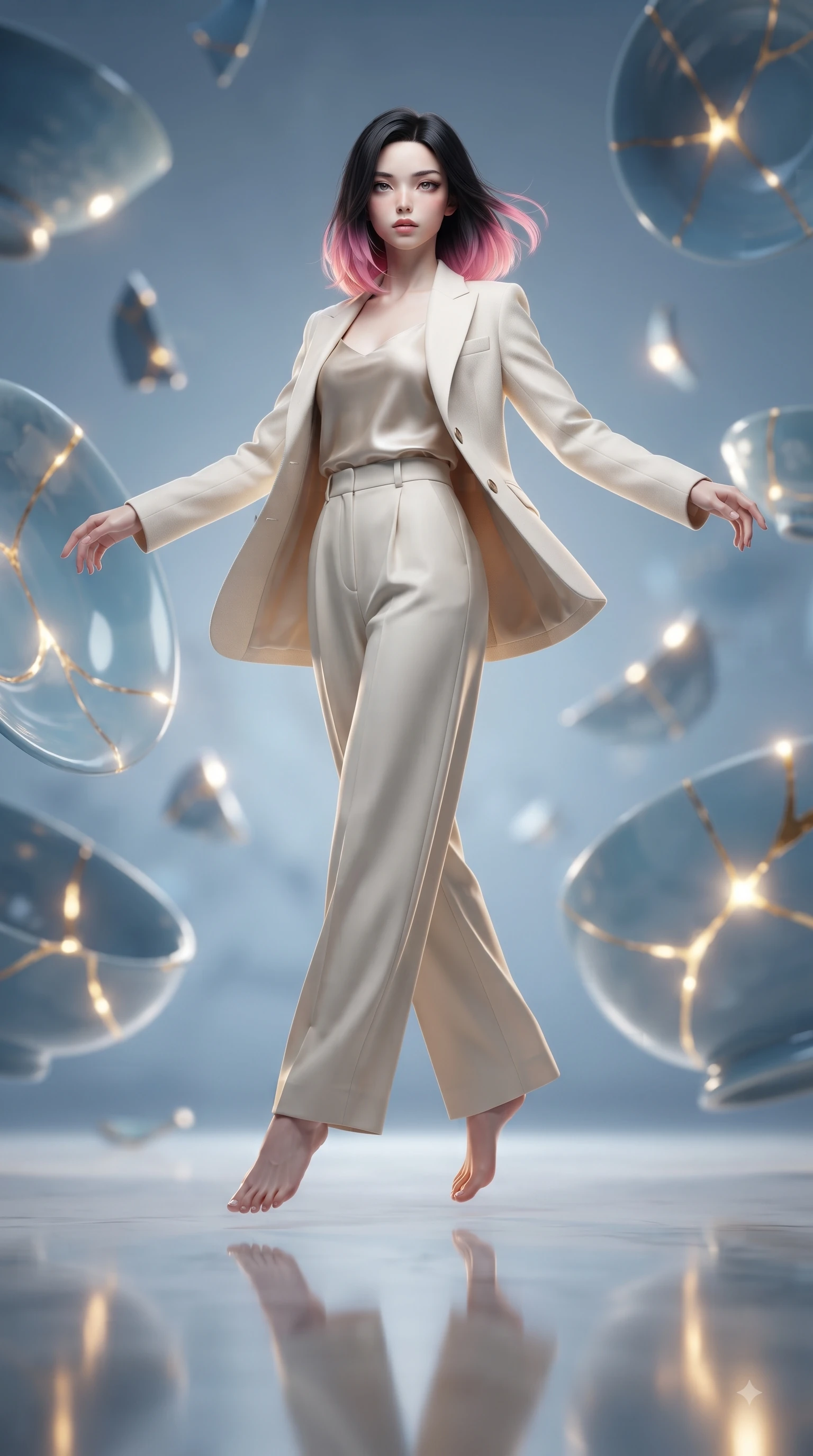 score_9, masterpiece, best quality, ultra-detailed, high-budget anime keyframe, editorial fashion photography, tasteful artistic composition, Korean woman woman. low angle full-body shot from head to toe showing her feet, filling the entire 9:16 vertical frame with her statuesque presence, stretching her vertical silhouette. She has an absolutely perfect, statuesque 8.5-heads proportion, an exceptionally tall and slender model-like female figure with impossibly long slender legs and an ultra-slim waist. mid-air spin above the reflective floor, maintaining an athletic and perfectly balanced poise, flawlessly proportioned anatomical accuracy, natural body alignment, perfectly sculpted elegant limbs, clean dynamic posture without body distortion. set against a soft-focus background of a floating blue porcelain workshop with levitating kintsugi shards. wearing a tailored cream wool blazer over an oatmeal silk camisole and wide-leg trousers. bathed in gold ethereal light radiating from gold cracks in floating ceramics with intense inner glow. ultra-reflective glossy finish, specular highlights, metallic sheen, high-contrast stereoscopic depth, volumetric dynamic lighting, 2k, ultra detail, master piece, 9:16 ratio