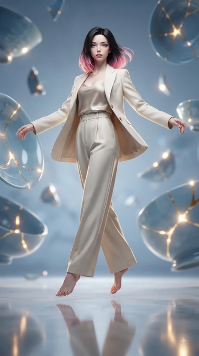 score_9, masterpiece, best quality, ultra-detailed, high-budget anime keyframe, editorial fashion photography, tasteful artistic composition, Korean woman woman. low angle full-body shot from head to toe showing her feet, filling the entire 9:16 vert