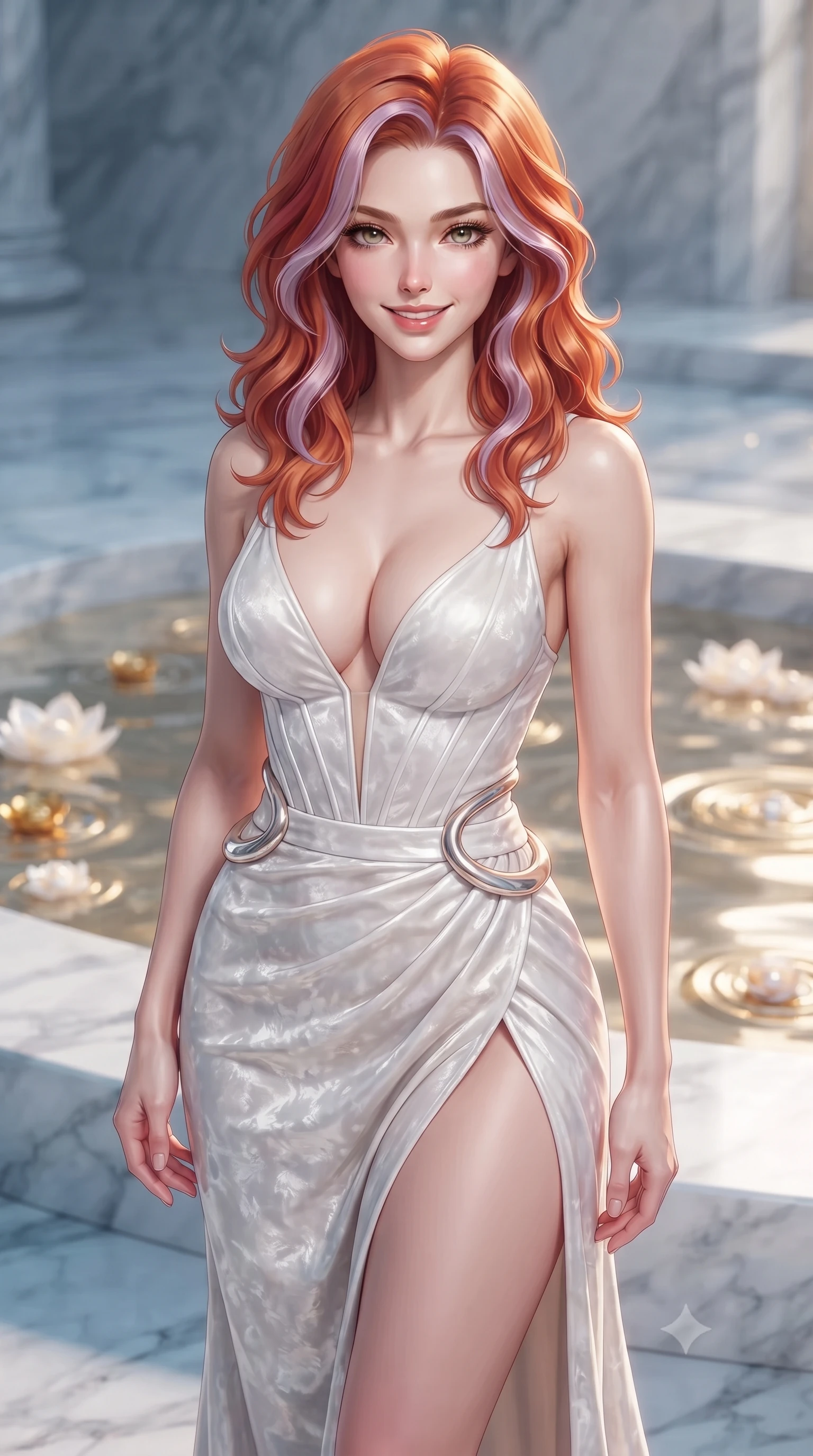 score_9, masterpiece, best quality, ultra-detailed, high-budget anime keyframe, editorial fashion photography, tasteful artistic composition, Caucasian woman. close-up cowboy shot from the waist and thighs up, the character dominates the composition, filling the frame with her large presence, background elements kept in soft focus. Smiling with quiet, magnetic self-assurance directly into the camera, standing in a tranquil marble oasis filled with floating liquid gold ripples and pearl blossoms, statuesque model pose with refined luxury details. She has an exceptionally elegant, slender, and willowy female figure with an ultra-slim waist, a gracefully sculpted slender torso, and a refined silhouette. sharp v-shaped jawline, high-bridge nose, intricate jewel-like eyes with depth, thick eyelashes, glossy lips with a natural sheen. wearing low-cut structured bodice gown in liquid pearl with high leg slit in champagne gold, made of crushed white silk velvet, accented with sculpted opal chrome rings at the waist, contouring every curve with an exceptionally elegant silhouette. lit by clear golden key light casting soft graceful shadows. highly saturated vibrant anime colors, detailed shading with soft gradients, rich glossy textures, high-contrast stereoscopic depth, volumetric dynamic lighting, master piece, 9:16 ratio