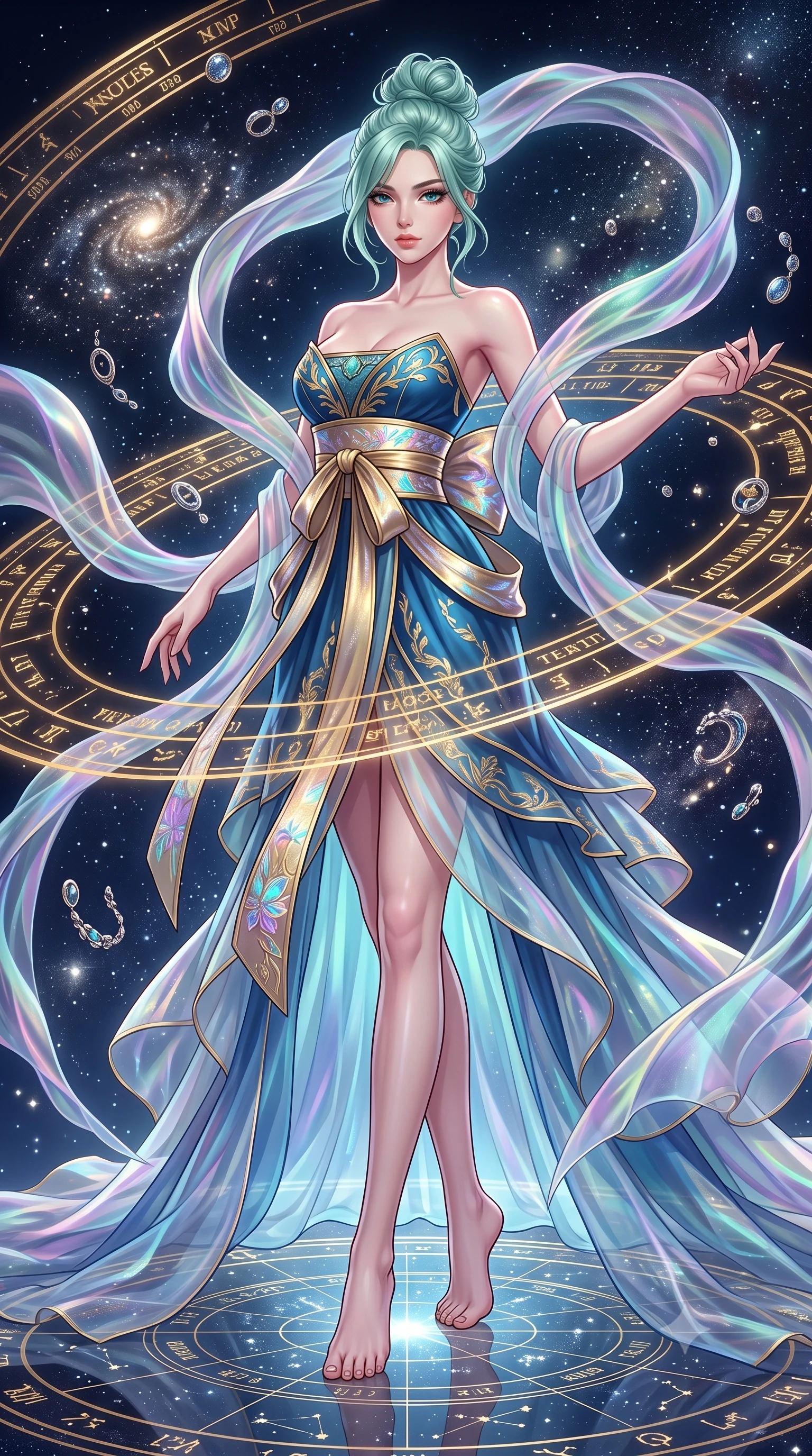 score_9, masterpiece, best quality, ultra-detailed, high-budget anime keyframe, semi-realistic 3D game render, editorial fashion photography, tasteful artistic composition, Japanese woman. low angle full-body shot from head to toe showing her feet, filling the entire 9:16 vertical frame with her statuesque presence, stretching her vertical silhouette. pivoting dynamically with supreme athletic balance and poise, her impossibly long slender legs creating a breathtaking line while executing a slow zero-gravity spiral turn as iridescent organza drapes swirl around her statuesque silhouette. The surrounding environment is rendered in vivid detail and crisp panoramic clarity. detailed golden star map rings, stardust cluster formations, and metallic jewelry accents in high clarity. She has an absolutely perfect, statuesque 8.5-heads proportion, an exceptionally tall and slender model-like female figure with impossibly long slender legs, a toned flat midriff, and an ultra-slim waist. sharp v-shaped jawline, high-bridge nose, intricate jewel-like eyes with depth, thick eyelashes, glossy lips with a natural sheen, captivating and magnetic expression, flawlessly proportioned anatomical accuracy, strict slender model proportions, natural body alignment, perfectly sculpted long slender limbs, ultra-slim waistline, clean dynamic posture without body distortion. wearing a jade-inlaid silk bustier dress with multi-tiered translucent organza train and metallic sash in deep azure blue and gold leaf embroidery, tailored from crisp ceremonial cotton and multi-layered translucent chiffon, complemented by a wide metallic gold obi sash with holographic floral embroidery, the form-contouring material adhering flawlessly to her sculpted flat midriff and slender torso, emphasizing her long leg lines and perfectly proportioned willowy build. surrounded by an immortal, transcendent, and breathtakingly majestic cosmos empress aura. highly saturated vibrant anime colors, detailed shading with soft gradients, rich glossy textures, high-contrast stereoscopic depth, volumetric dynamic lighting, master piece, 9:16 ratio
