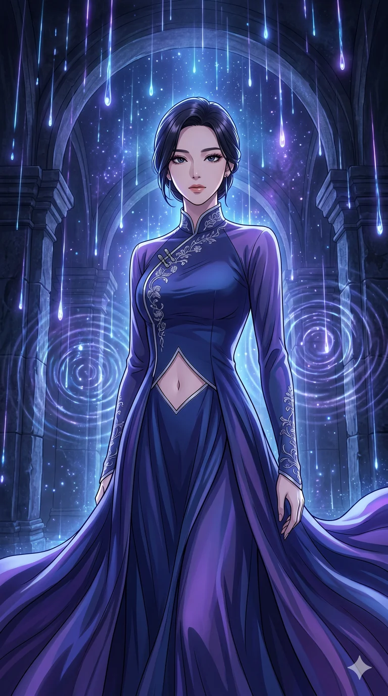score_9, masterpiece, best quality, ultra-detailed, High-budget Anime Keyframe, vibrant colors, fluid line-art, expressive lighting, cinematic composition, Ufotable-style visual effects, top-tier animation quality, Korean woman with idol-like refined features. Medium shot from the thighs up, her commanding presence occupying two-thirds of the frame. Standing serene as starlight rain falls in slow motion, drenching the environment in celestial glow. She has an absolutely perfect 8-heads proportion, an exceptionally tall and slender female figure with impossibly long slender legs and an ultra-slim waist, her statuesque height and towering silhouette dominating the vertical 9:16 frame. Her face is a masterpiece featuring a sharp v-shaped jawline, high-bridge nose, intricate jewel-like eyes with depth, thick eyelashes, and glossy lips with a natural sheen. She is wearing a Flowing silk gown that ripples like liquid, featuring a small diamond-shaped cutout at the navel. The scene is set in a chamber of echoes where every sound creates beautiful liquid patterns in the air. 2k, ultra detail, master piece, 9:16 ratio