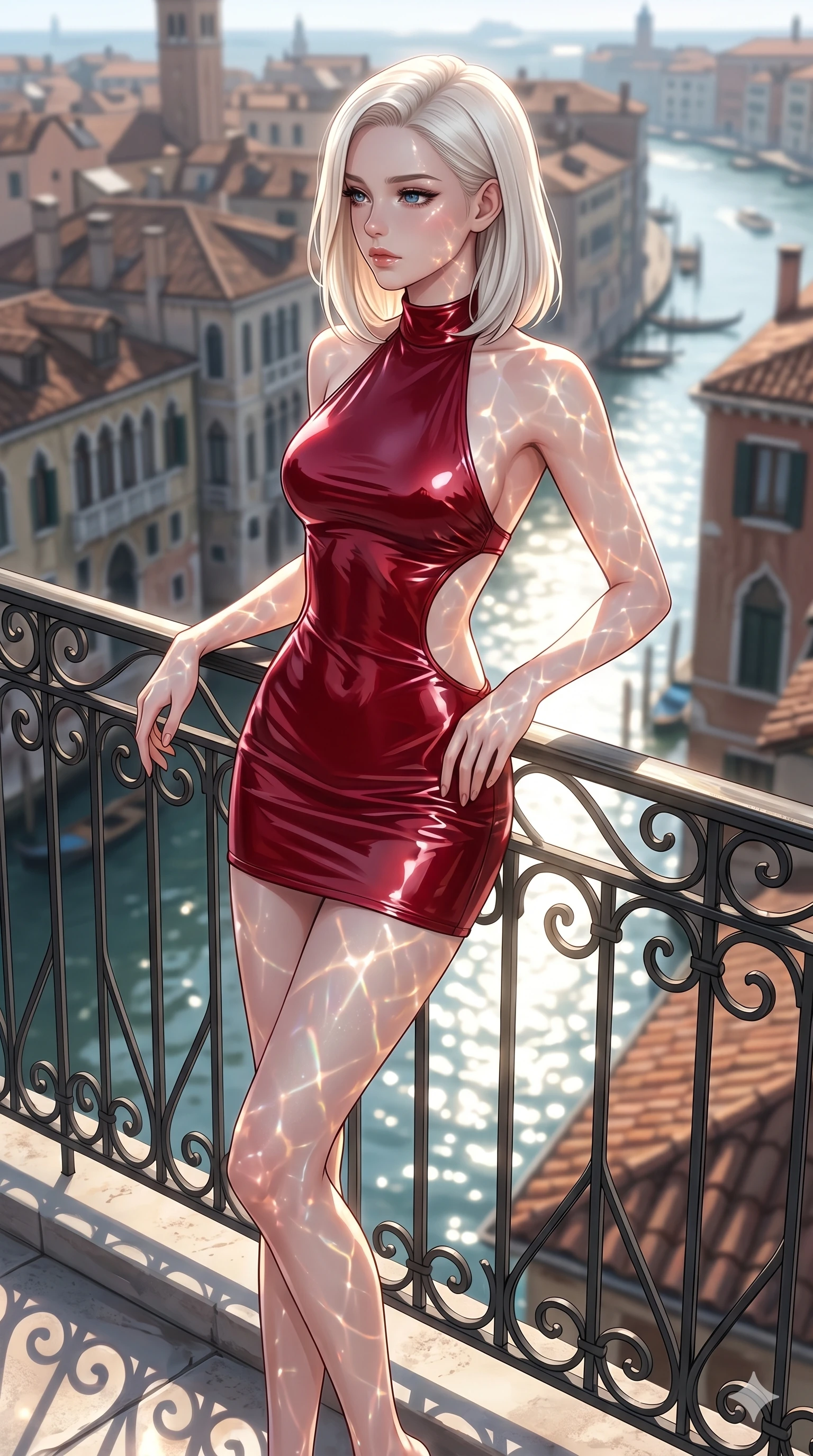 score_9, masterpiece, best quality, ultra-detailed, high-budget anime keyframe, editorial fashion photography, tasteful artistic composition, Caucasian woman, strictly human ears. cowboy shot from the thighs up, character and outfit filling the frame for maximum editorial presence. gazing past the camera with wistful, melancholic eyes, her posture relaxed and full of quiet elegance leaning against the railing of a sunlit private rooftop terrace overlooking a historic European town (Code-P045). She has an absolutely perfect 8-heads proportion, an exceptionally tall and slender female figure with impossibly long slender legs and an ultra-slim waist. V-shaped jawline, high-bridge nose, intricate jewel-like eyes with depth, thick eyelashes, glossy lips with a natural sheen. wearing a glove-like wet-look crimson vinyl dress with a bold halter neck and dramatic side cutouts. bathed in brilliant morning sunshine reflecting off the water, casting glittering light patterns across her skin. 2k, ultra detail, master piece, 9:16 ratio