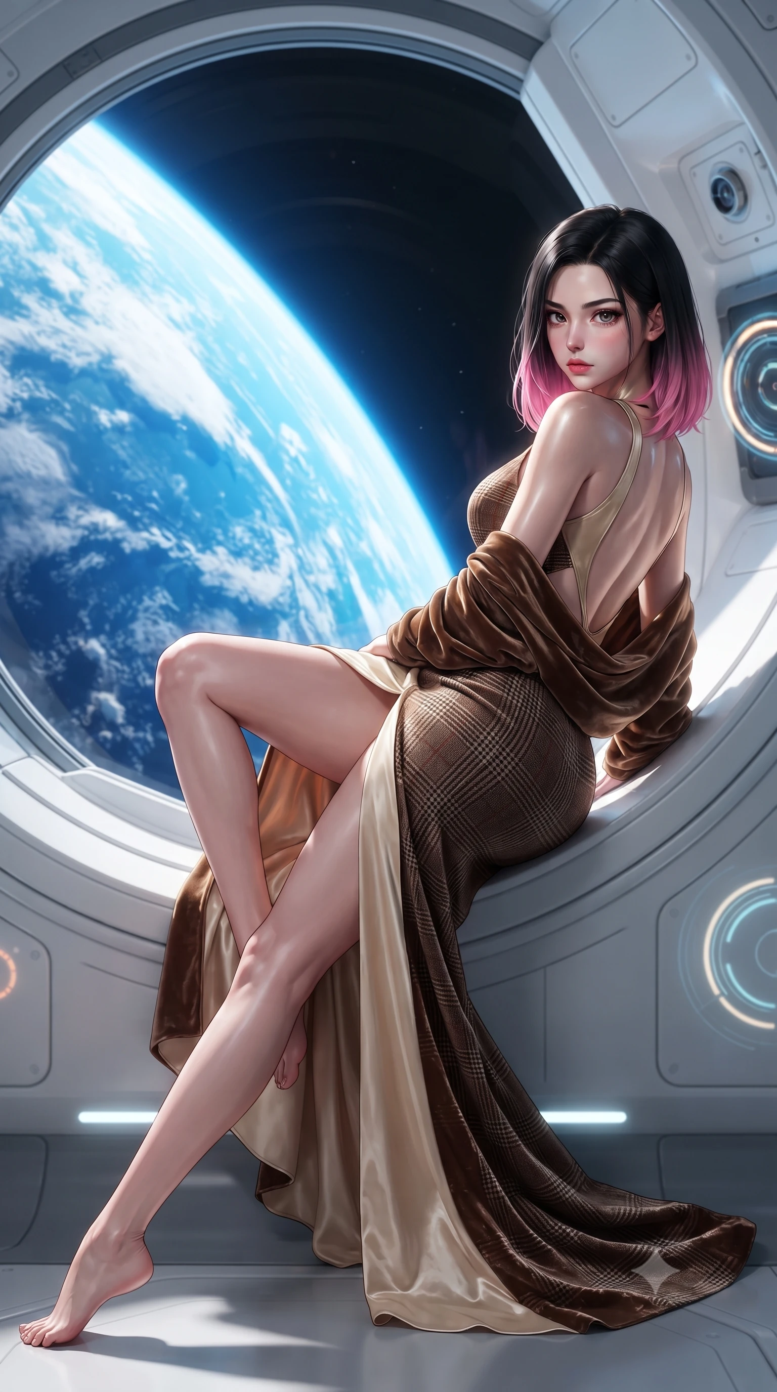 score_9, masterpiece, best quality, ultra-detailed, high-budget anime keyframe, editorial fashion photography, tasteful artistic composition, Korean woman. low angle full-body shot from head to toe showing her feet, filling the entire 9:16 vertical frame with her statuesque presence, stretching her vertical silhouette. reclining on her side in an elegant Cleopatra pose with one knee drawn up, the dramatic contour of her rounded hips and long slender legs commanding the 9:16 vertical frame while leaning forward against the massive curved panoramic viewport overlooking the brilliant blue curve of Earth, hips cocked back in an intoxicating zero-gravity posture. The composition keeps background elements in soft focus with creamy bokeh. sleek white space station bulkheads and glowing telemetry rings softened in futuristic shallow focus. She has an exceptionally tall and slender model-like 8.5-heads proportion, an ultra-slim waist, a flat toned midriff, narrow delicate ribcage, and beautifully sculpted feminine hips creating a graceful, slim hourglass silhouette without any bulky heaviness, with impossibly long slender legs. sharp v-shaped jawline, high-bridge nose, intricate jewel-like eyes with depth, thick eyelashes, glossy parted lips with a natural sheen, intensely captivating and seductive bedroom-eyes expression, flawlessly proportioned anatomical accuracy, strict slender model proportions, natural body alignment, perfectly sculpted long slender limbs, ultra-slim waistline, clean dynamic posture without body distortion. wearing a tailored tartan-wool and crushed-velvet corseted gala gown with an architectural open-waist cutout and high-cut thigh slit in rich equestrian cognac brown and crisp champagne cream, crafted from heavyweight crushed silk velvet with liquid vintage luster, complemented by a plush velvet shawl draped loosely over her elbows, the dramatically scooped open back descending to the base of her spine, accentuating her razor-sharp statuesque lines and slim hourglass silhouette. illuminated by sleek metallic specular reflections sharply defining her bare collarbones, ultra-slim waist, and curvy hips. ultra-reflective glossy finish, specular highlights, rich textural contrasts, high-contrast stereoscopic depth, volumetric dynamic lighting, 2k, ultra detail, master piece, 9:16 ratio