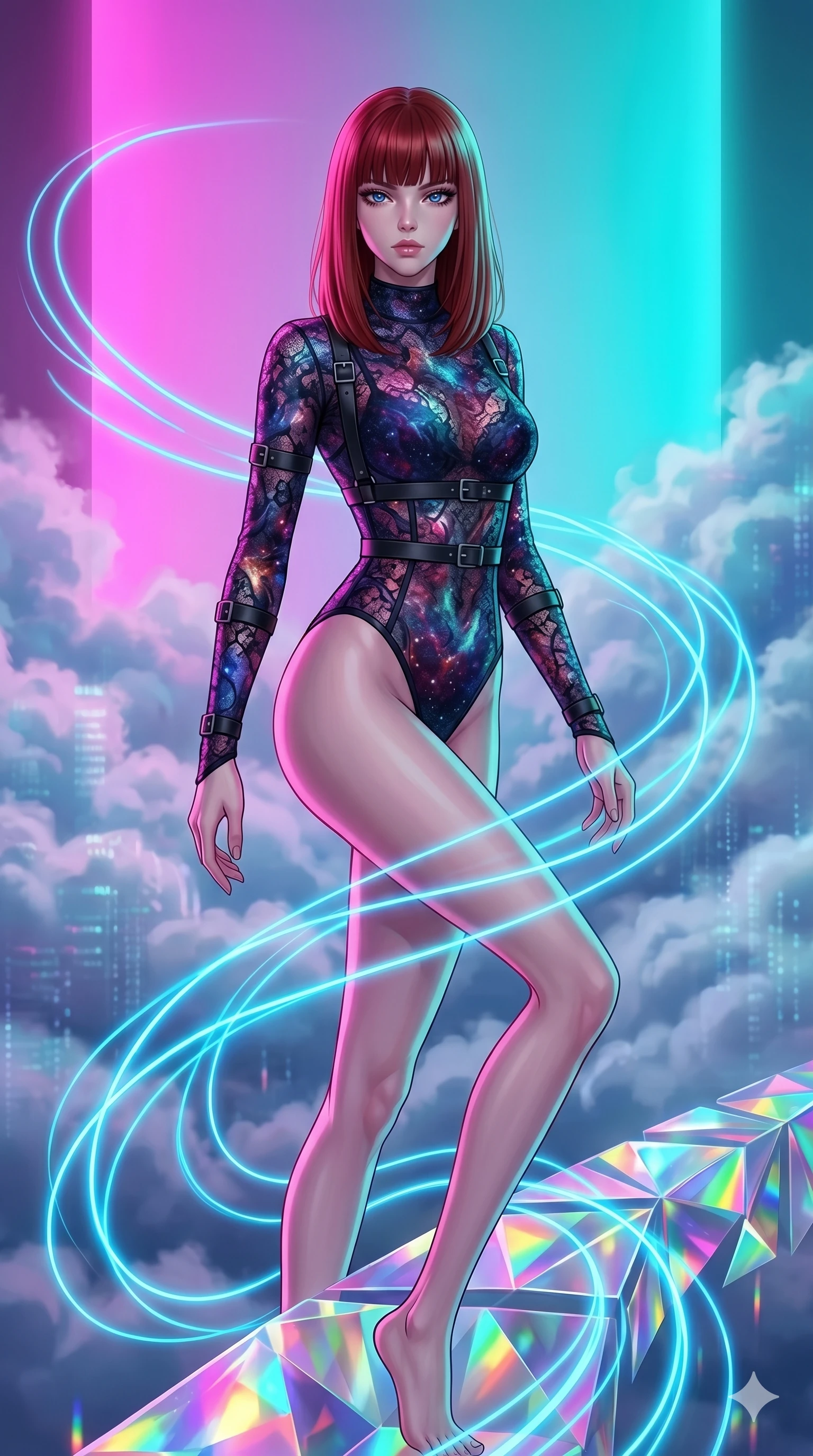 score_9, masterpiece, best quality, ultra-detailed, high-budget anime keyframe, editorial fashion photography, tasteful artistic composition, Caucasian woman, strictly human ears. upper body close-up from the thighs up, character filling the screen for maximum presence. stepping gracefully onto on a bridge made of rainbow prisms inside a digital cloud chamber as neon blue fluid lines follow her path like light trails. She has an absolutely perfect 8-heads proportion, an exceptionally tall and slender female figure with impossibly long slender legs and an ultra-slim waist. V-shaped jawline, high-bridge nose, intricate jewel-like eyes with depth, thick eyelashes, glossy lips with a natural sheen.. wearing a gothic nebula lace bodysuit, featuring a cosmic nebula-patterned structured lace top with opaque underlining and matte leather strap accents. lit by intense neon pink and turquoise dual-tone backlighting, creating a futuristic mood. 2k, ultra detail, master piece, 9:16 ratio
