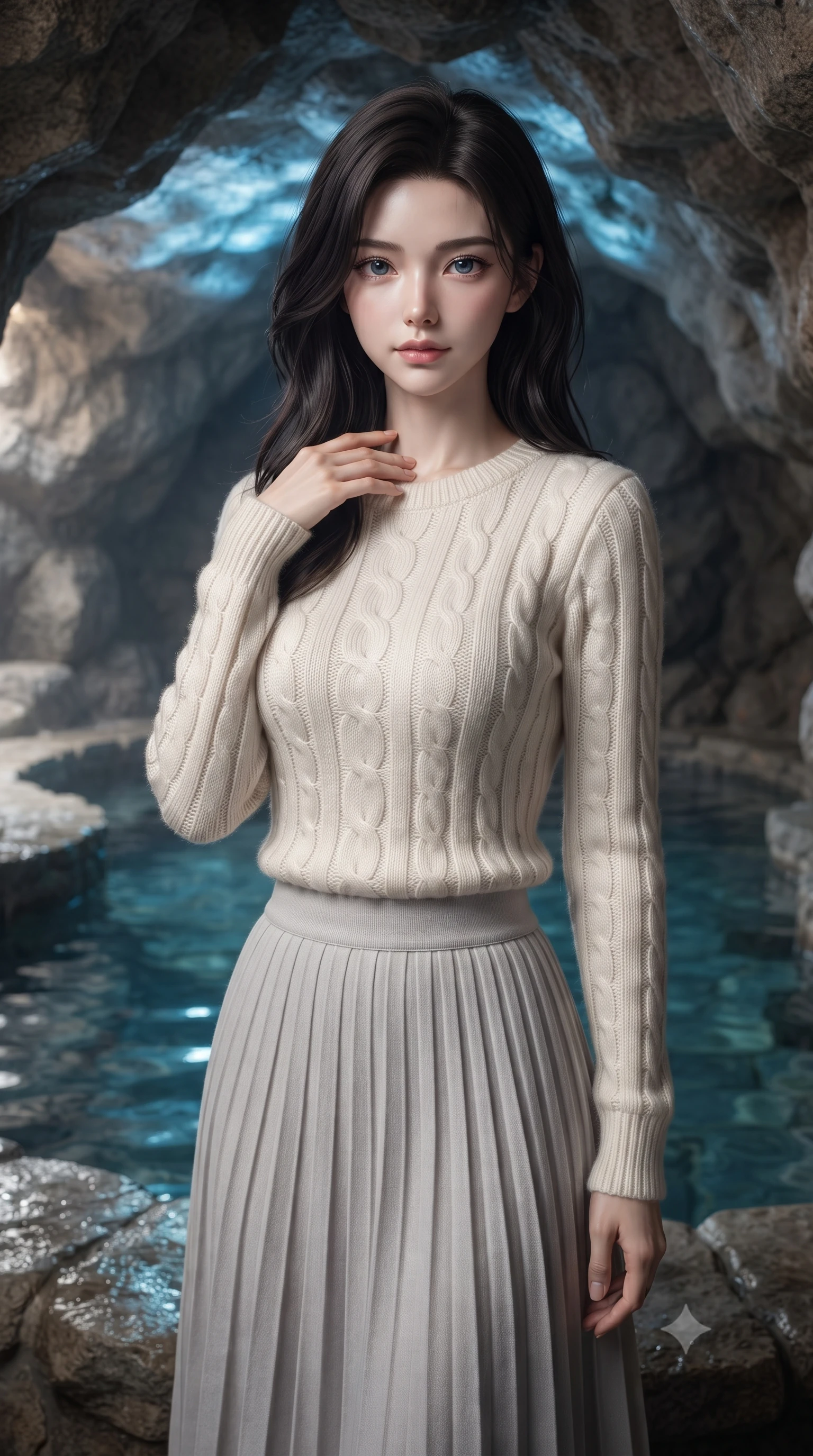 score_9, masterpiece, best quality, ultra-detailed, high-budget anime keyframe, editorial fashion photography, tasteful artistic composition, Korean woman. close-up cowboy shot from the waist and thighs up, the character dominates the composition, filling the frame with her large presence, background elements kept in soft focus. standing with one hand resting on her collarbone, looking at the viewer with bedroom-eyes the background shows a soft-focus a private stone bath pool built inside a natural rock cave with clear mineral water. She has an exceptionally elegant, slender, and willowy female figure with an ultra-slim waist, a gracefully sculpted slender torso, and a refined silhouette. sharp v-shaped jawline, high-bridge nose, intricate jewel-like eyes with depth, thick eyelashes, glossy lips with a natural sheen. wearing a body-hugging cozy cable-knit sweater in ivory, paired with a pleated light grey midi skirt. soft blue light reflecting from the pool water onto the rocky cave ceiling. ultra-reflective glossy finish, specular highlights, metallic sheen, high-contrast stereoscopic depth, volumetric dynamic lighting, 2k, ultra detail, master piece, 9:16 ratio