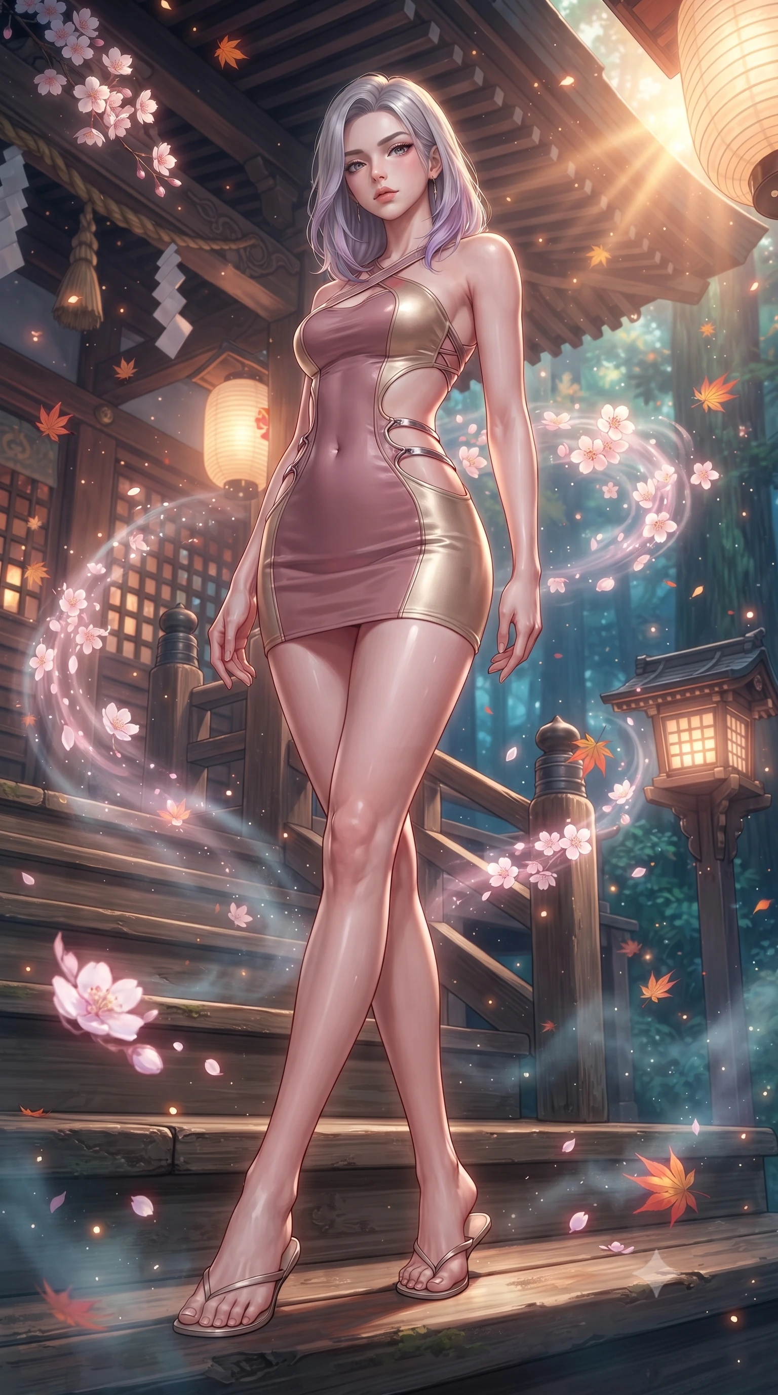 score_9, masterpiece, best quality, ultra-detailed, high-budget anime keyframe, editorial fashion photography, tasteful artistic composition, Caucasian woman. low angle full-body shot from head to toe showing her feet, filling the entire 9:16 vertical frame with her statuesque presence, stretching her vertical silhouette. navigating the luminous space with effortless poise, displaying her perfect model proportions poised on the steps of a traditional wooden shrine surrounded by floating sakura, floating autumn leaves and glowing mist motes adding serene magic. She has an absolutely perfect, statuesque 8.5-heads proportion, an exceptionally tall and slender model-like female figure with impossibly long slender legs and an ultra-slim waist. sharp v-shaped jawline, high-bridge nose, intricate jewel-like eyes with depth, thick eyelashes, glossy lips with a natural sheen. wearing a dramatic open-waist cutout mini dress framed by sculptural hardware in dusty rose and champagne gold, formed from sleek second-skin neoprene, complemented by criss-cross back straps highlighting her bare shoulders, the sleek second-skin texture accentuating her magnetic presence. illuminated by soft glowing paper lantern light and warm sunbursts. highly saturated vibrant anime colors, detailed shading with soft gradients, rich glossy textures, high-contrast stereoscopic depth, volumetric dynamic lighting, master piece, 9:16 ratio